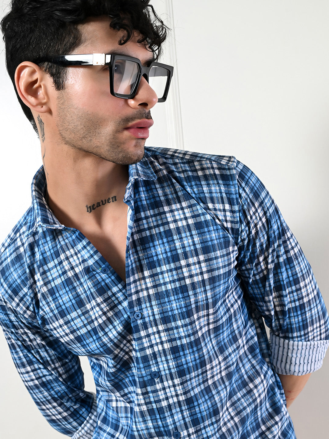 Men's casual blue checkered classic fit shirt.