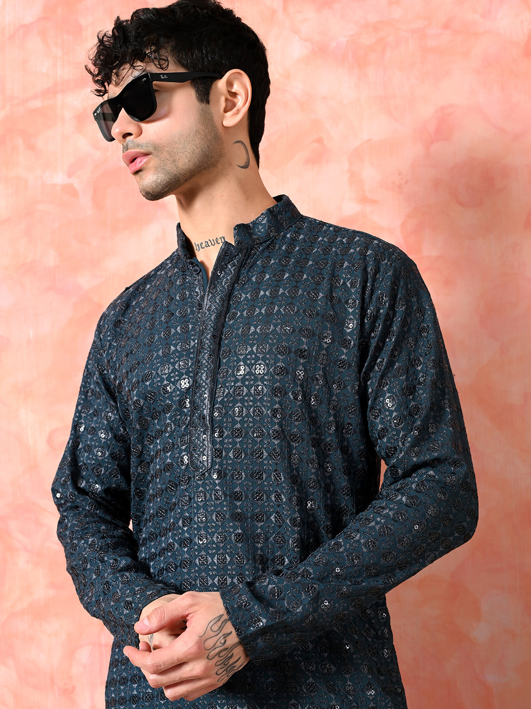 Men's midnight blue jacquard silk kurta.