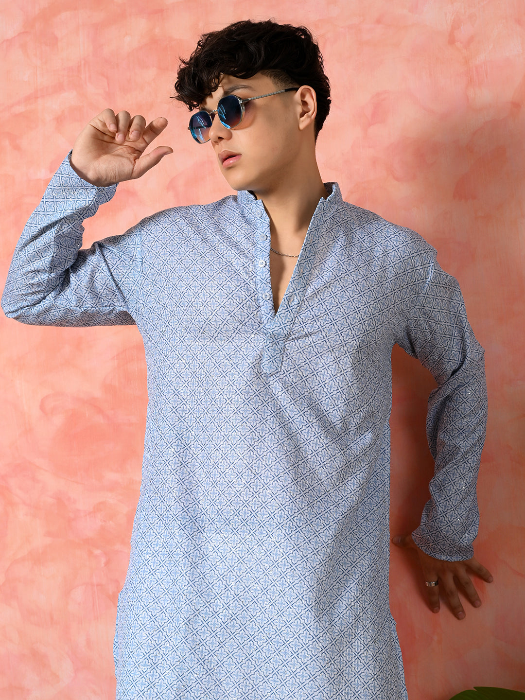Men's sky blue geometric cotton kurta.