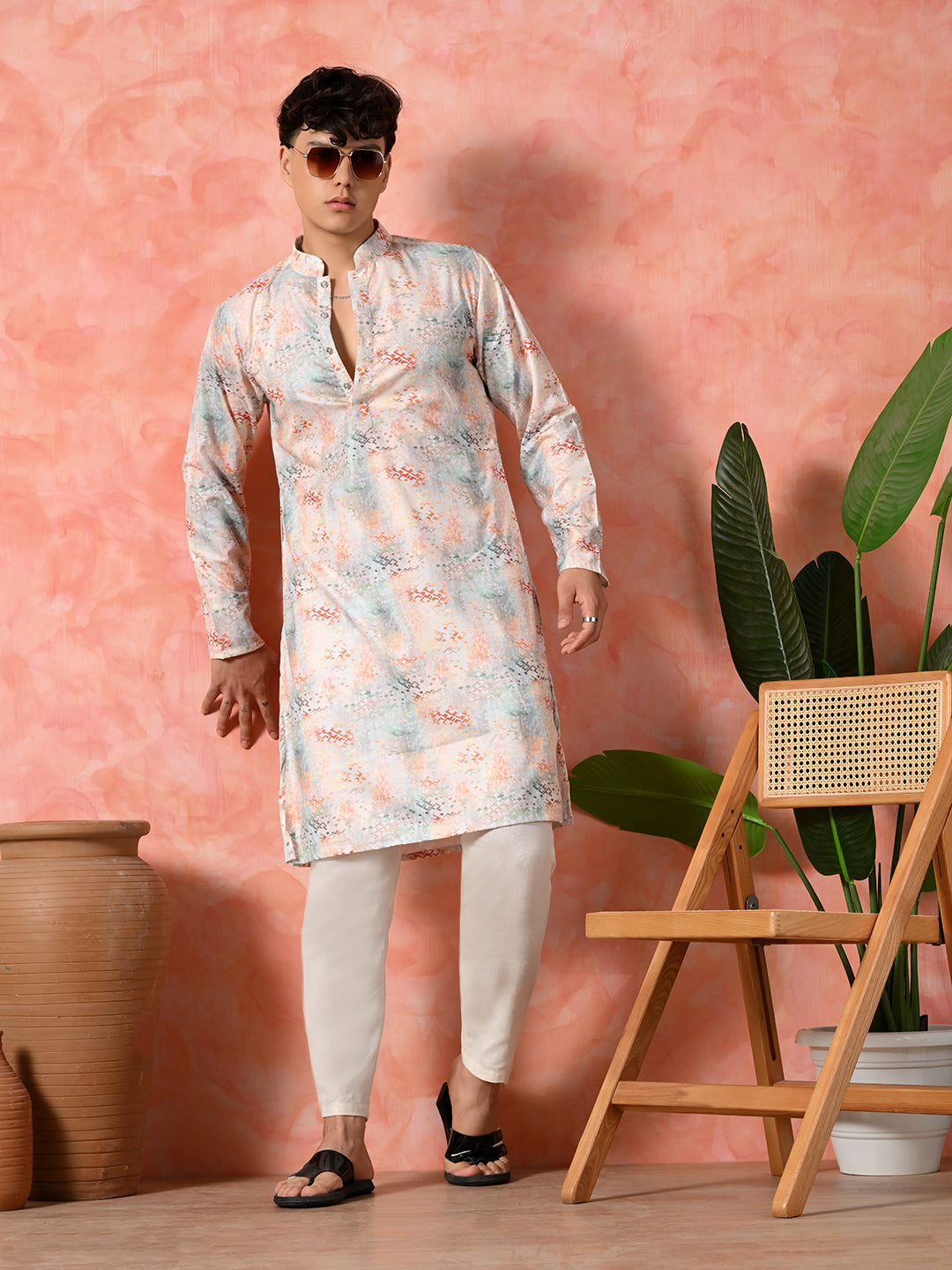 Men's multicolor abstract ikat textured kurta.