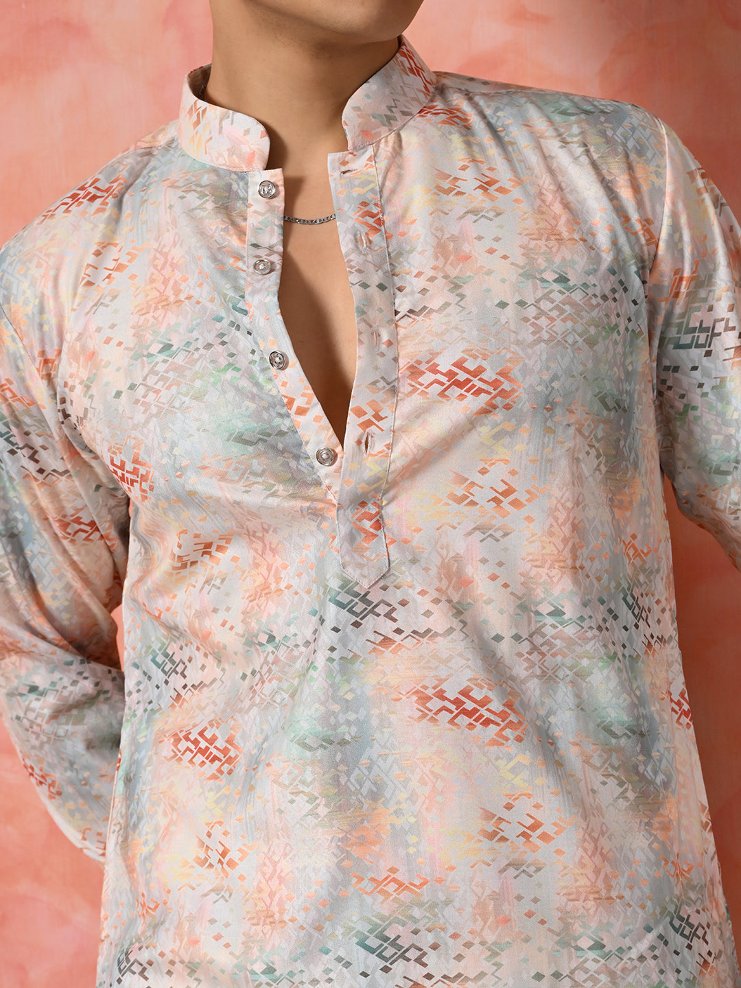 Men's subtle pastel printed gloss finish kurta.