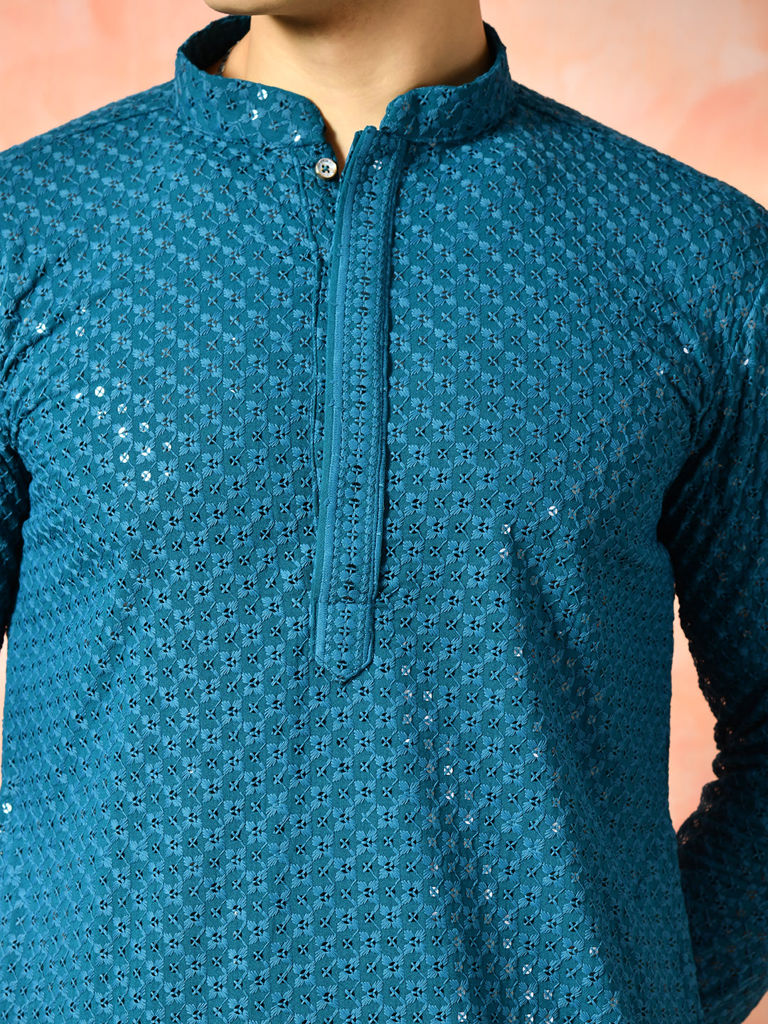 Men's teal blue sequin embroidered kurta.