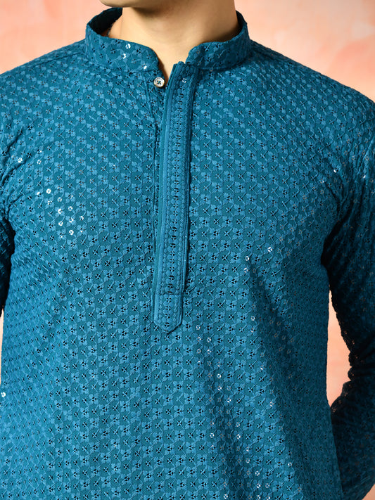 Men's teal blue sequin embroidered kurta.