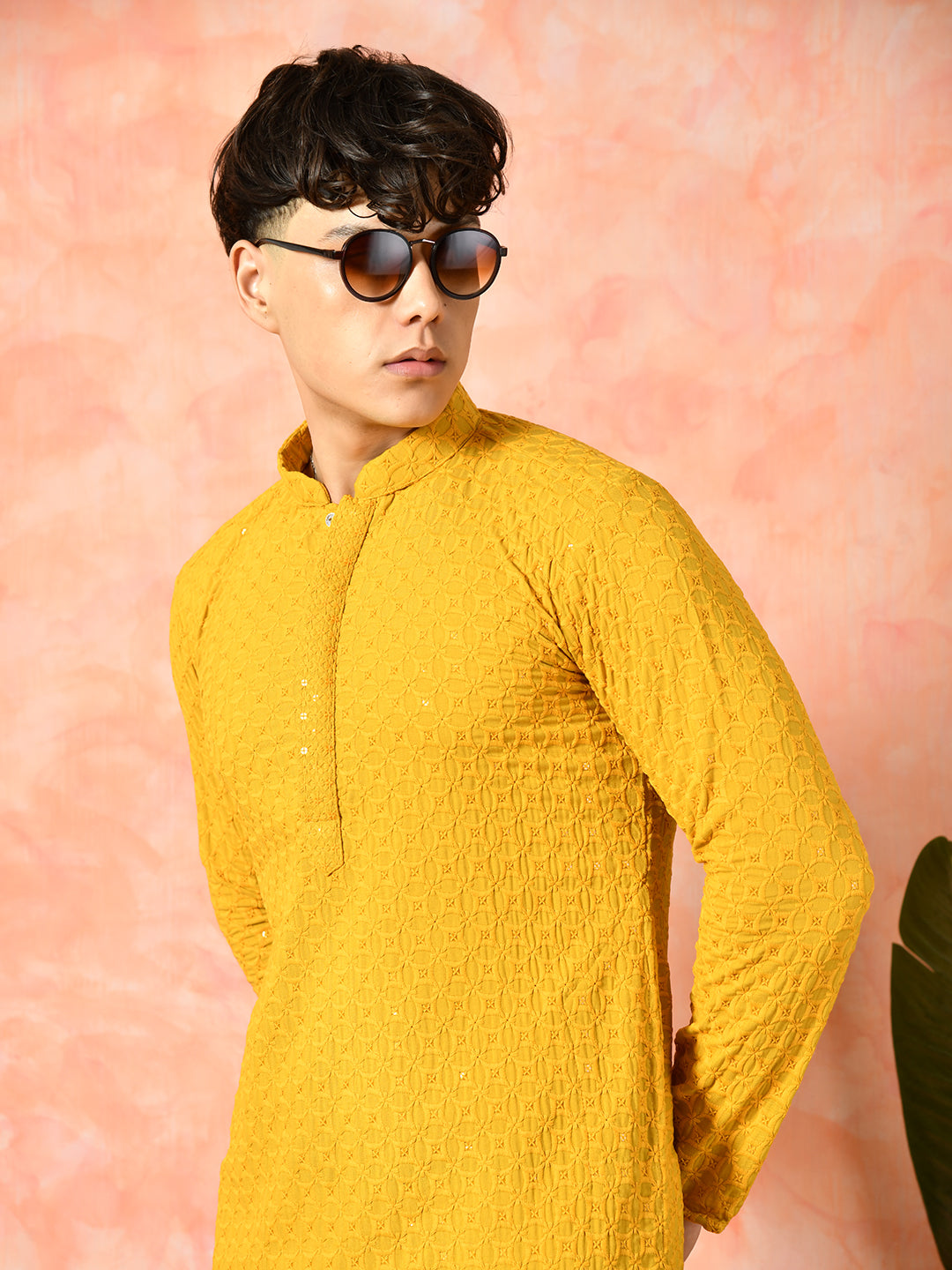 Men's mustard yellow textured festive kurta.