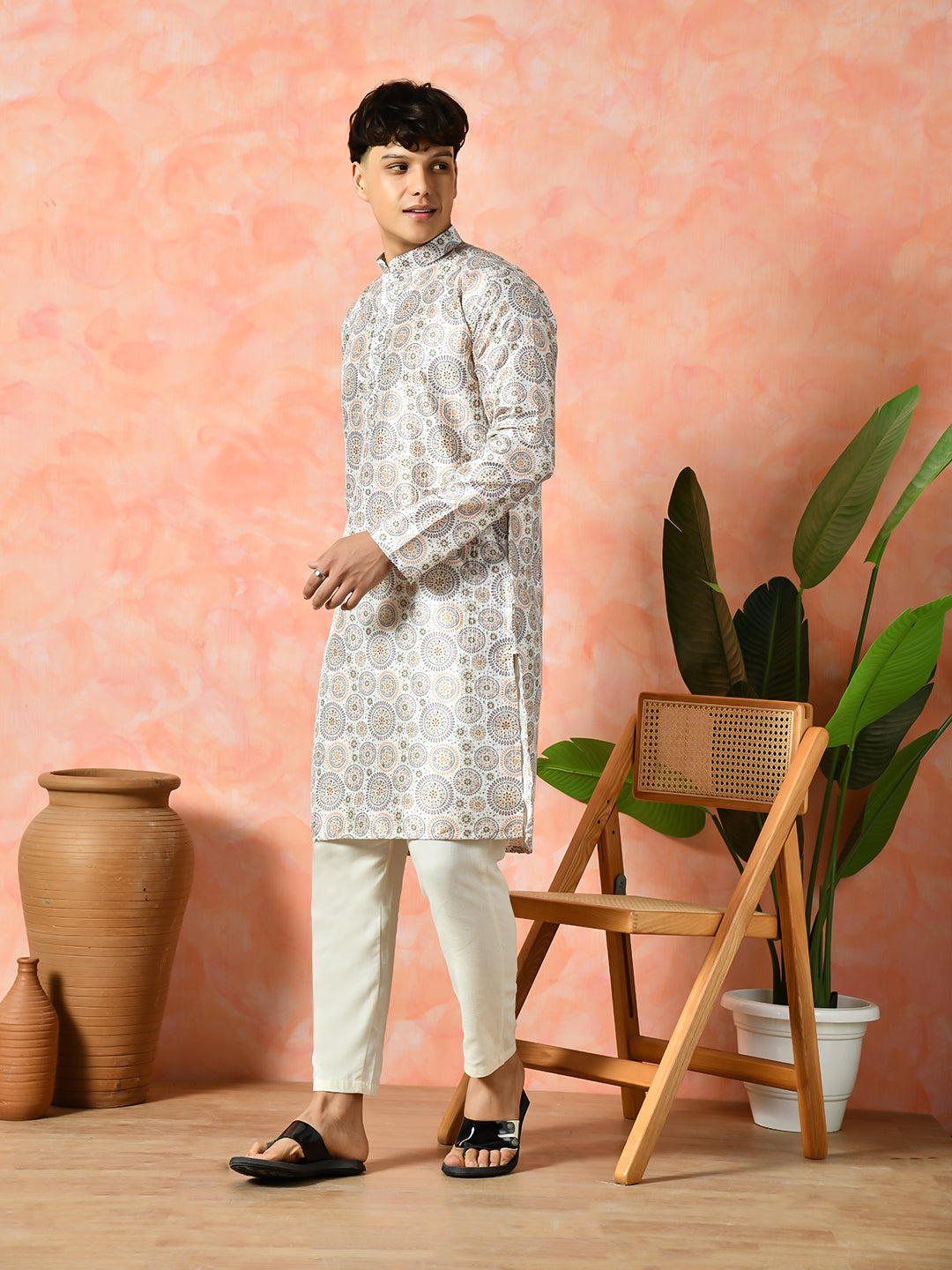 Men's cream festive kurta, mandala design.