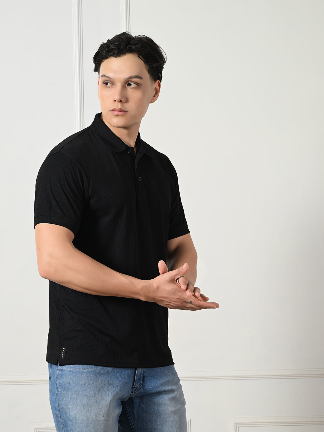 Men's classic black textured smart casual polo.