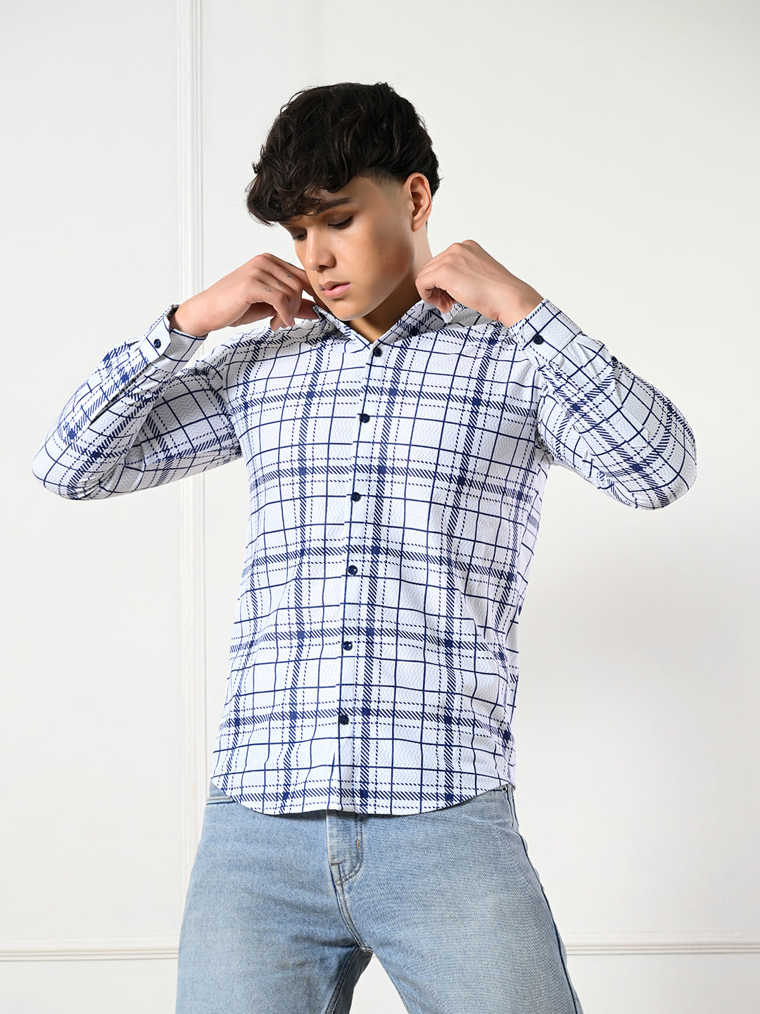 Men's stylish white, blue windowpane check shirt.
