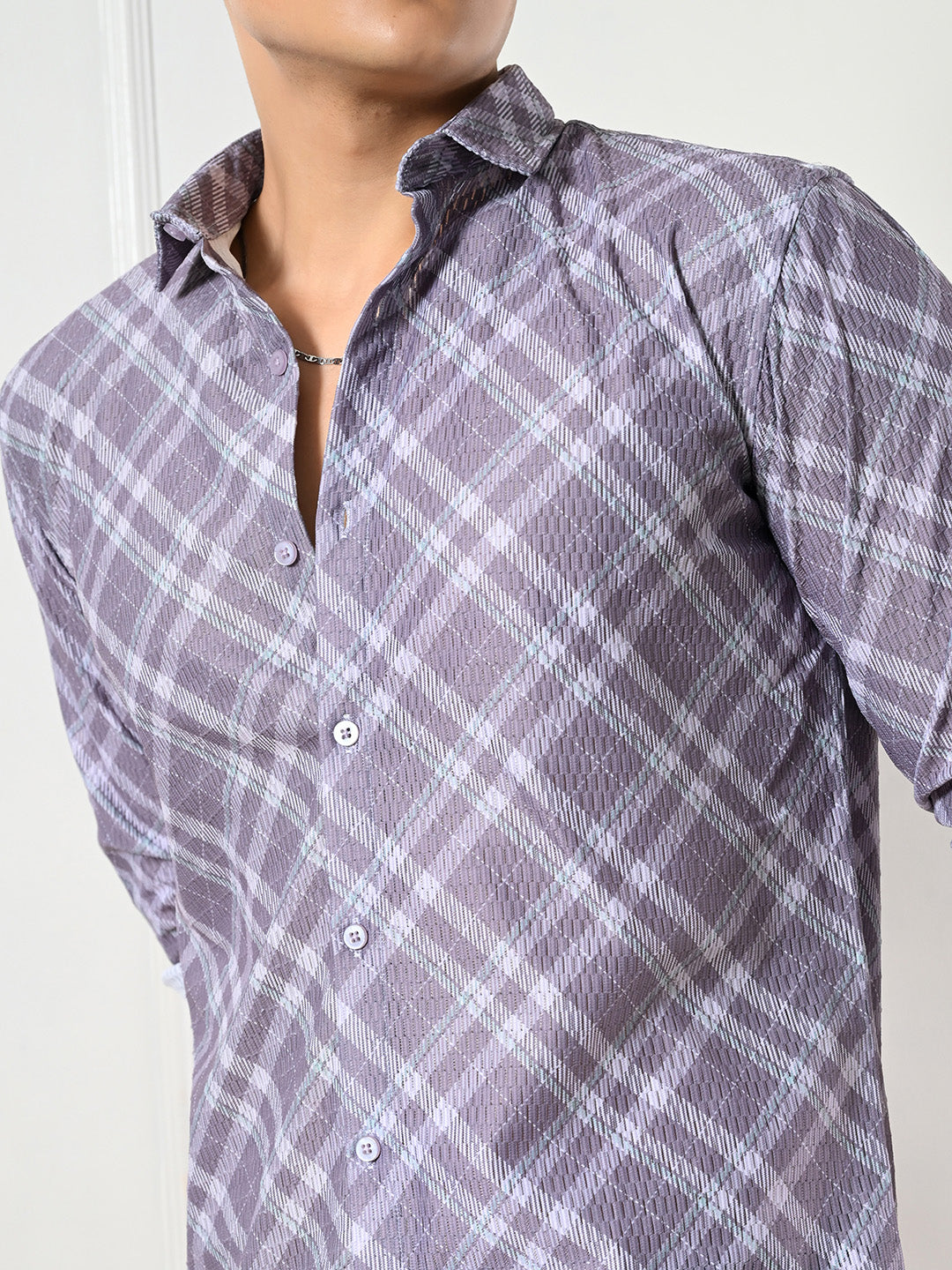 Men's textured purple, grey plaid shirt.