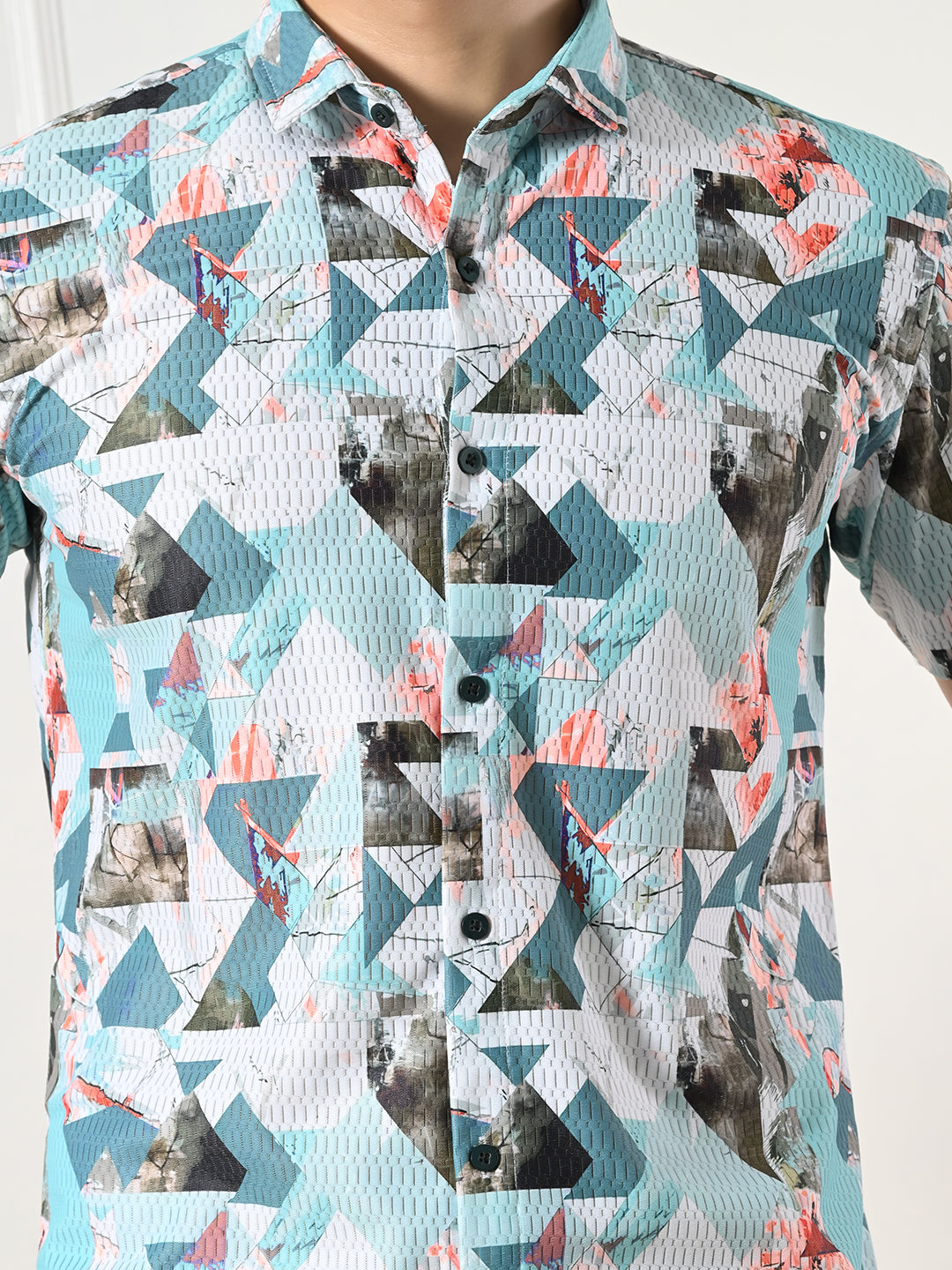 Men's aqua, multi-colour abstract geo shirt.