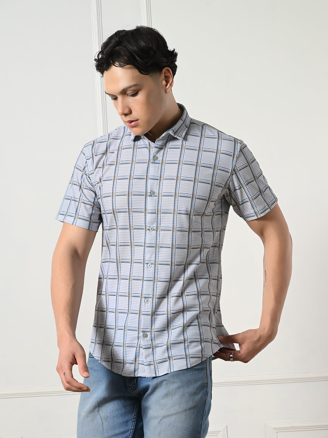 Men's grey, blue plaid check shirt.