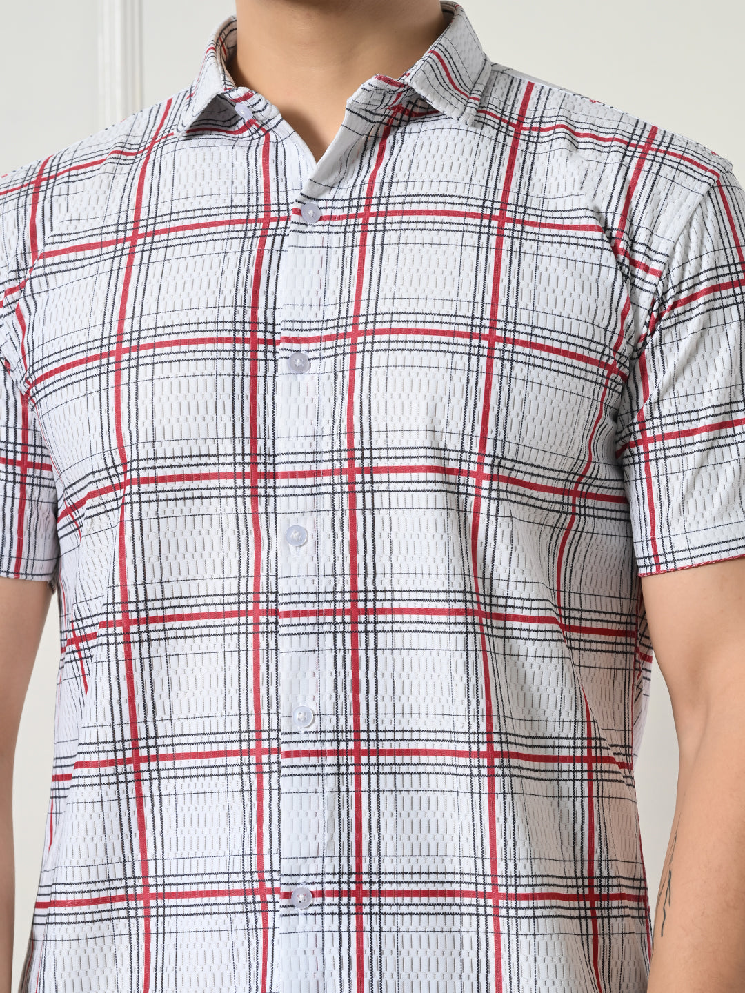 Men's classic red, black plaid short shirt.