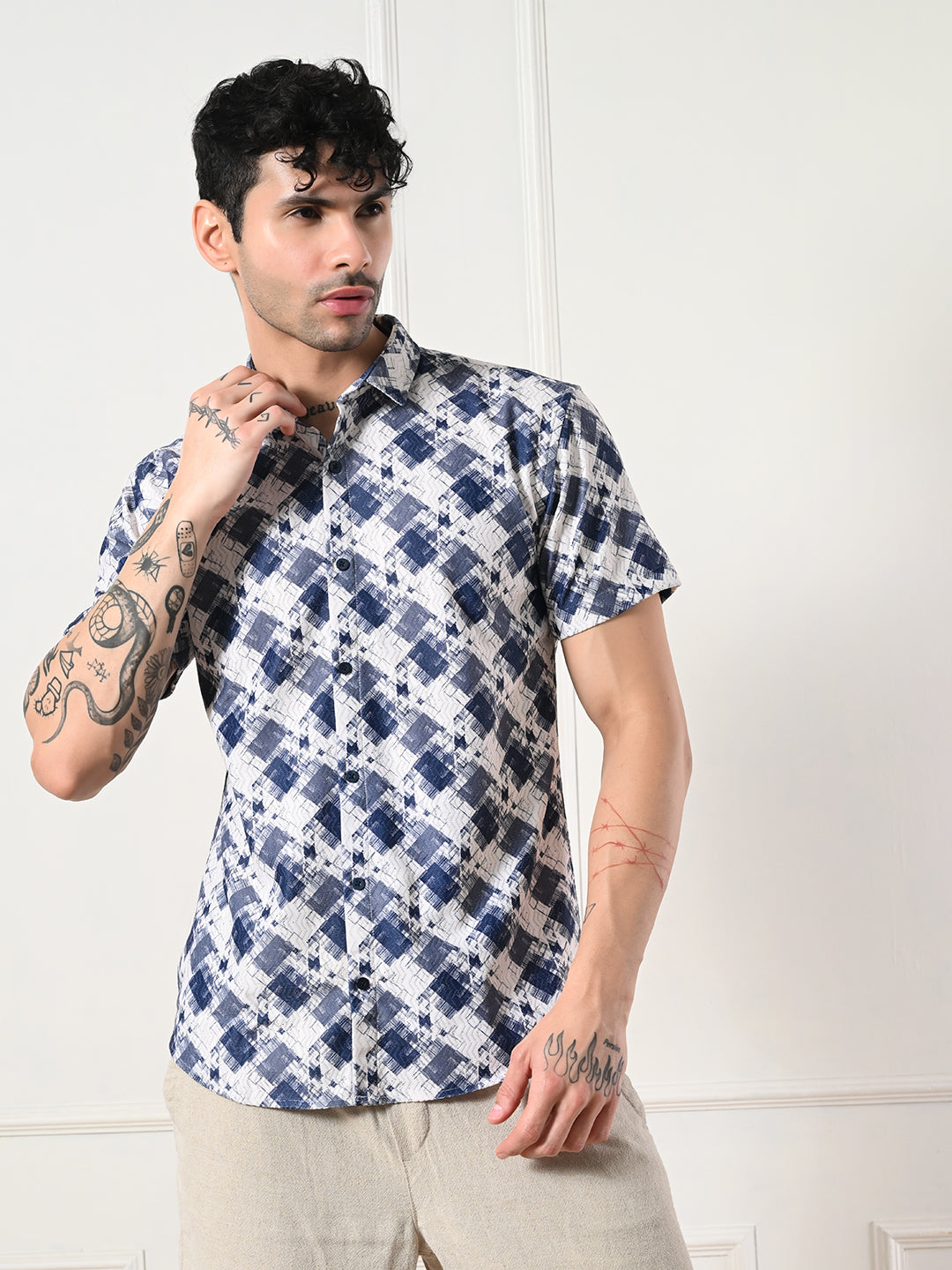Men's classic blue, white diamond print shirt.