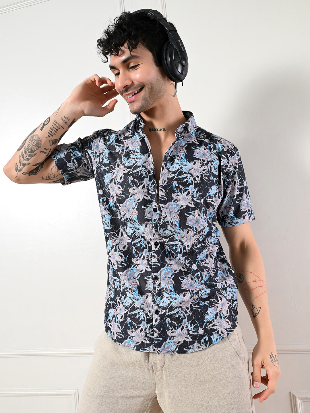 Men's bold black, multi-colour floral print shirt.