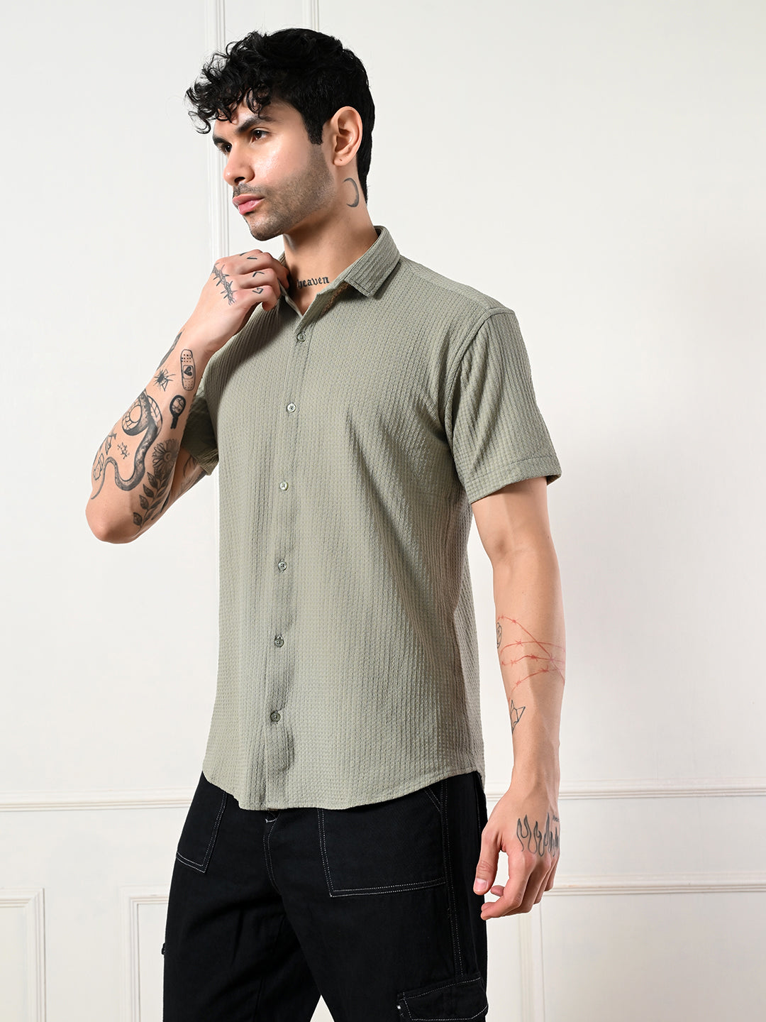 Men's olive green, grey textured shirt.