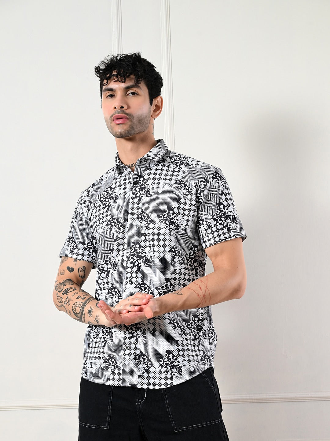 Men's modern black, white mosaic print shirt.