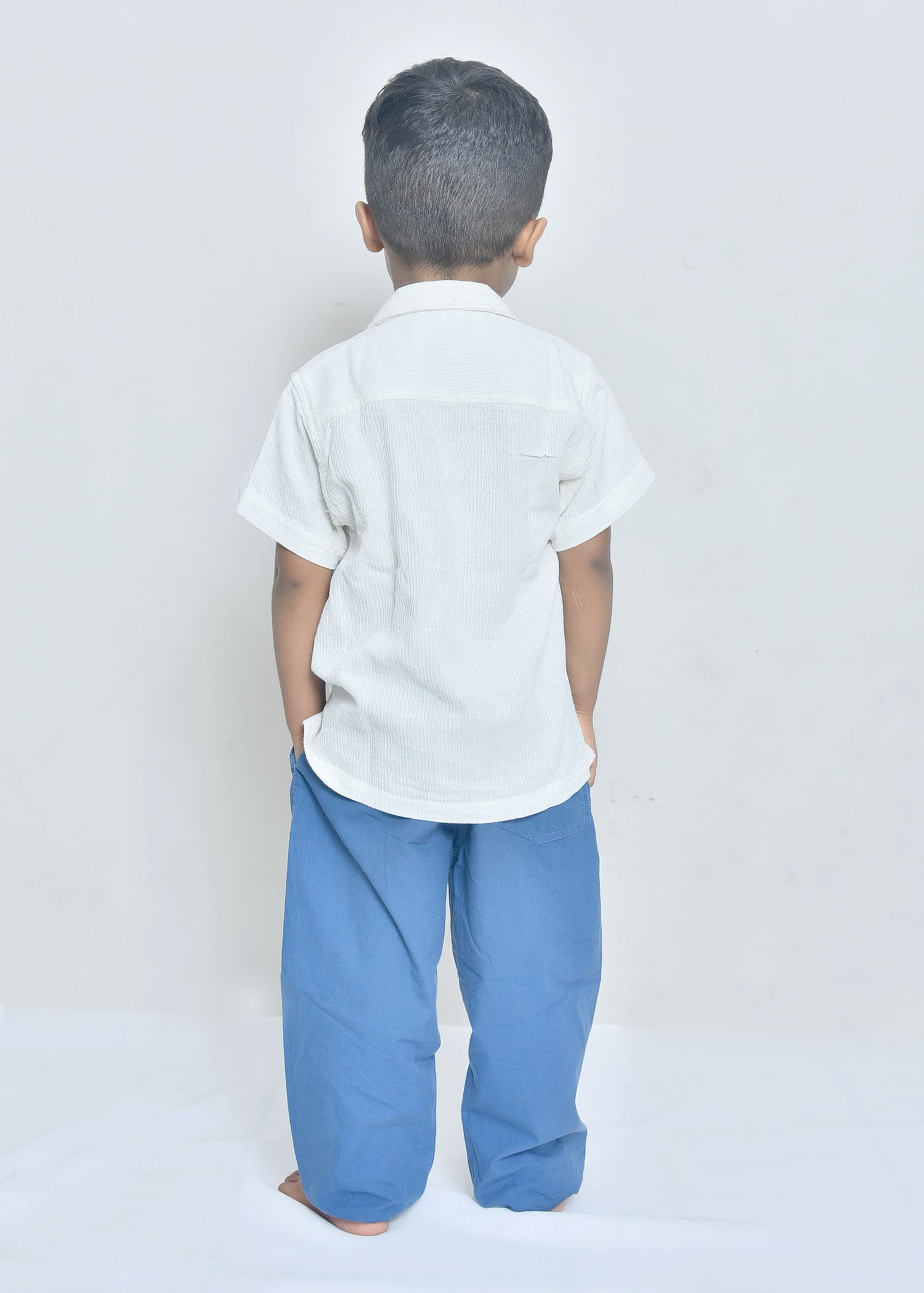 White Cotton Textured Shirt with Turtle Embroidery for Boys