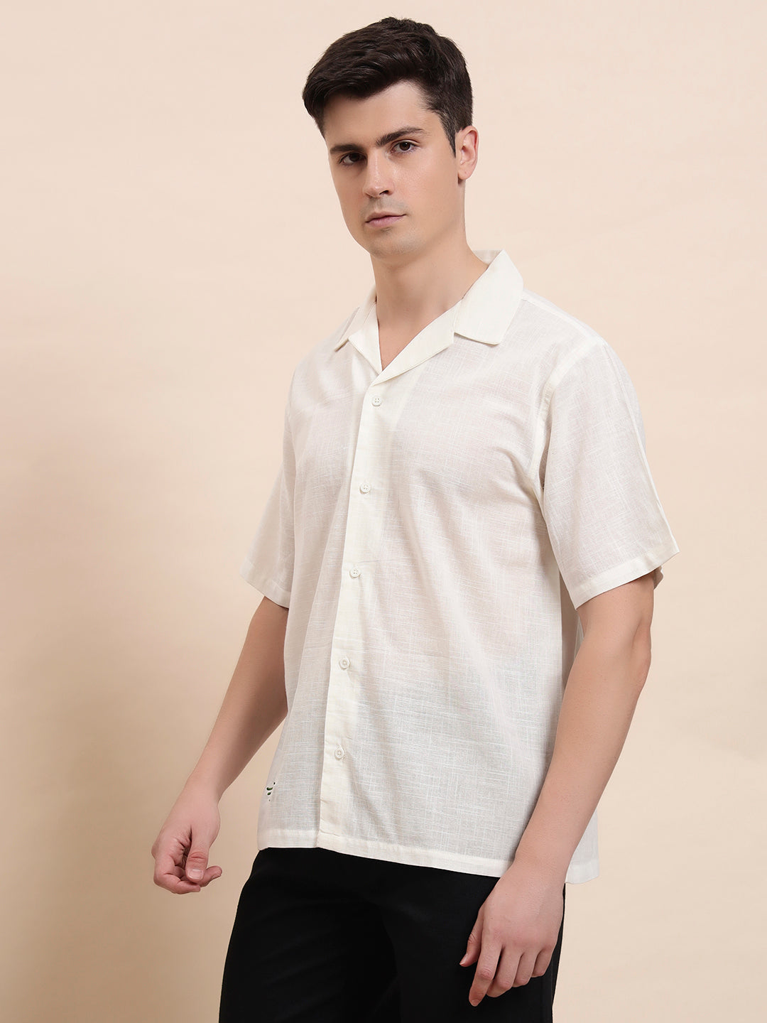 Cactus Embroidered Cuban Collar Cotton Shirt for Me