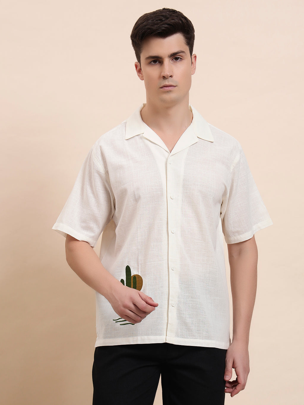 Cactus Embroidered Cuban Collar Cotton Shirt for Me