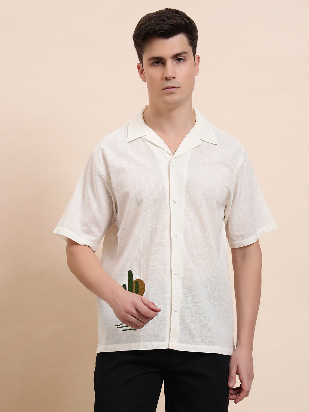Cactus Embroidered Cuban Collar Cotton Shirt for Me