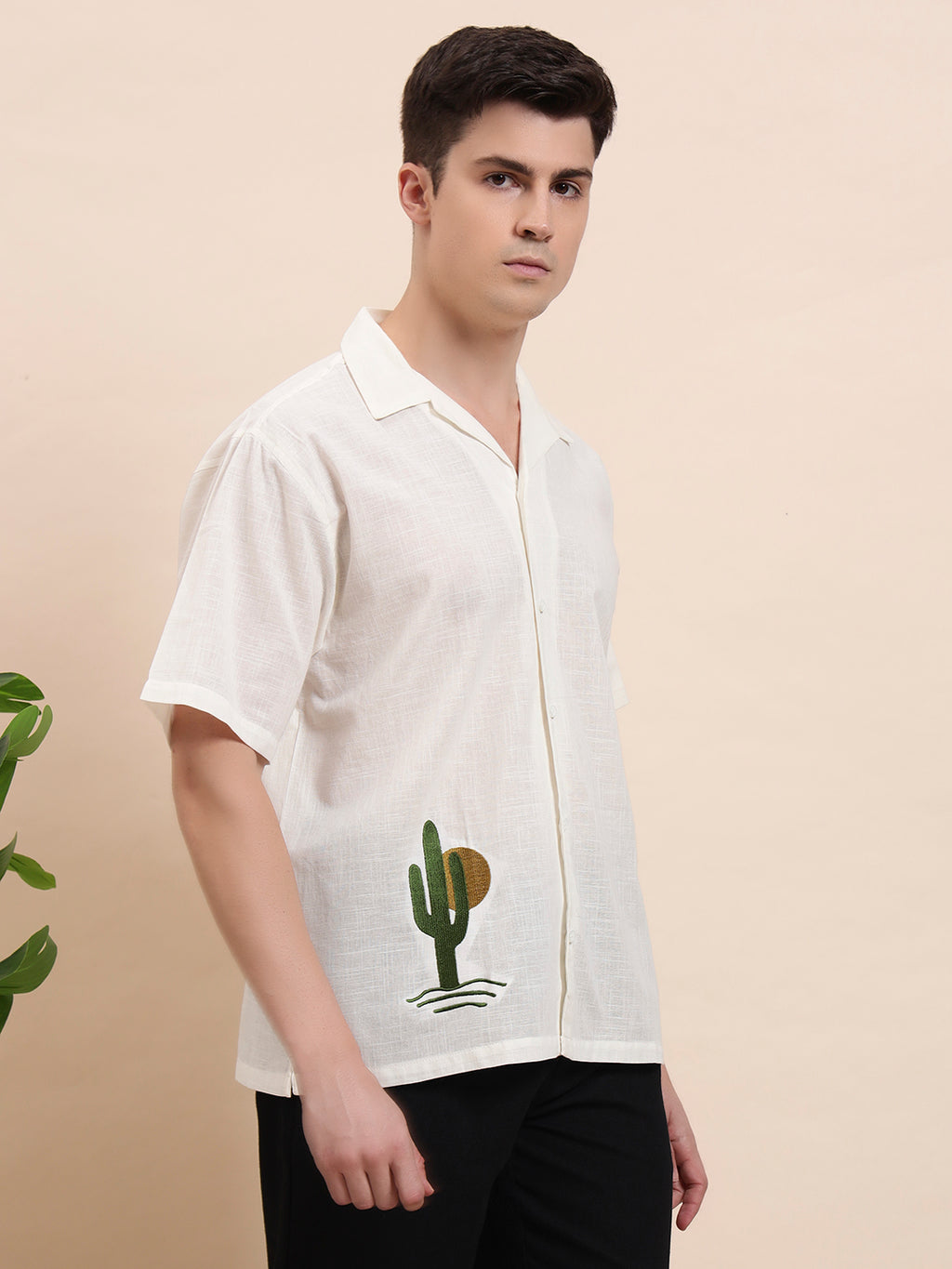 Cactus Embroidered Cuban Collar Cotton Shirt for Me