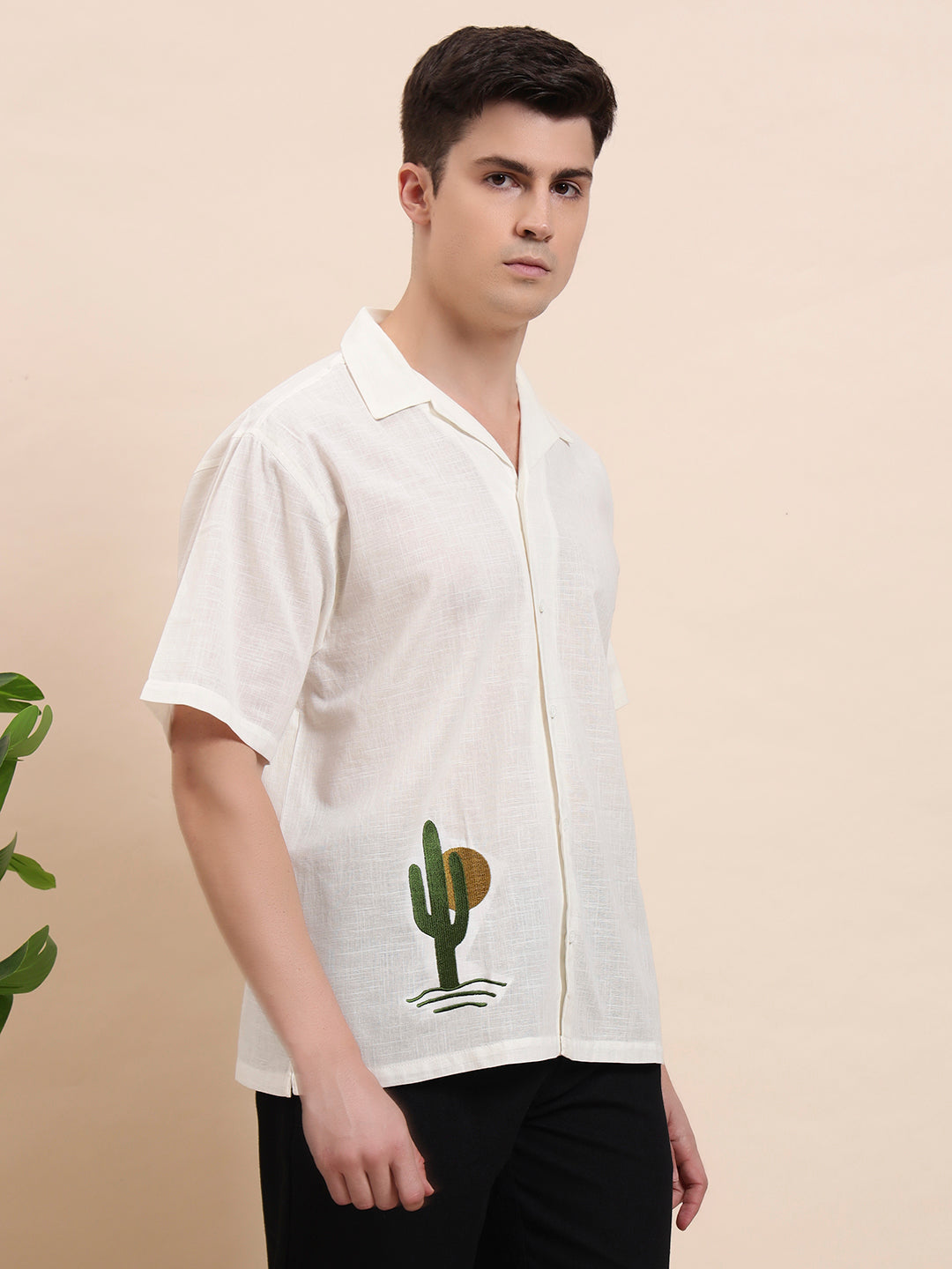 Cactus Embroidered Cuban Collar Cotton Shirt for Me