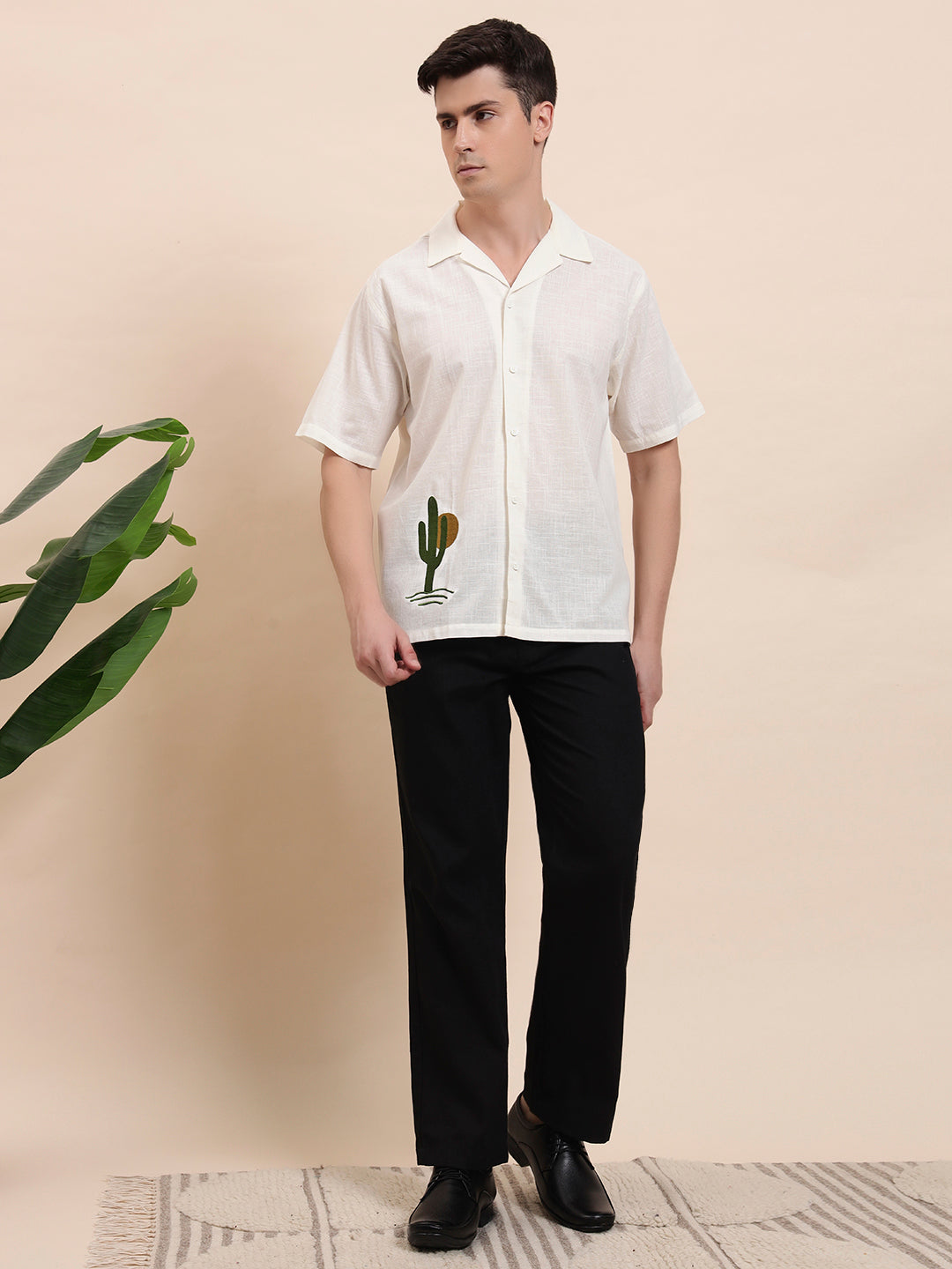 Cactus Embroidered Cuban Collar Cotton Shirt for Me