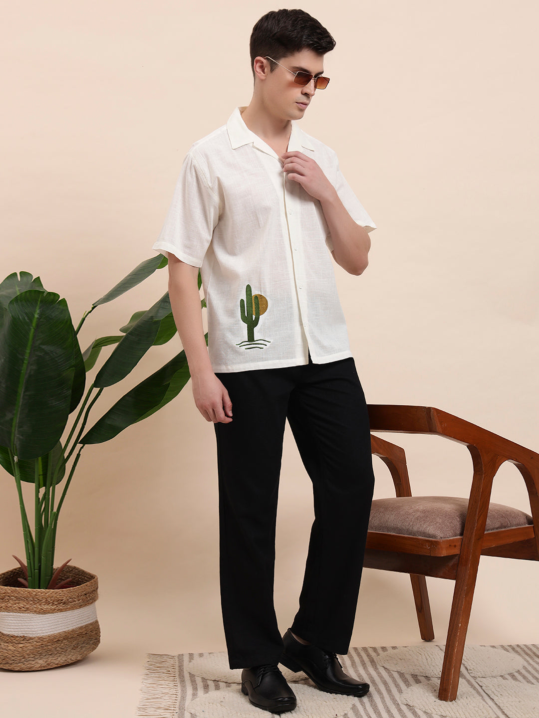 Cactus Embroidered Cuban Collar Cotton Shirt for Me