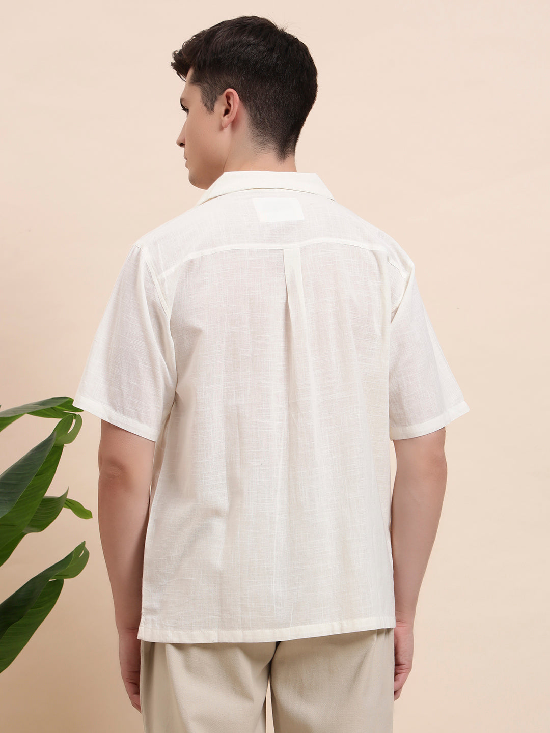 Off-White Cuban Collar Cotton Short Sleeve Shirt for Men