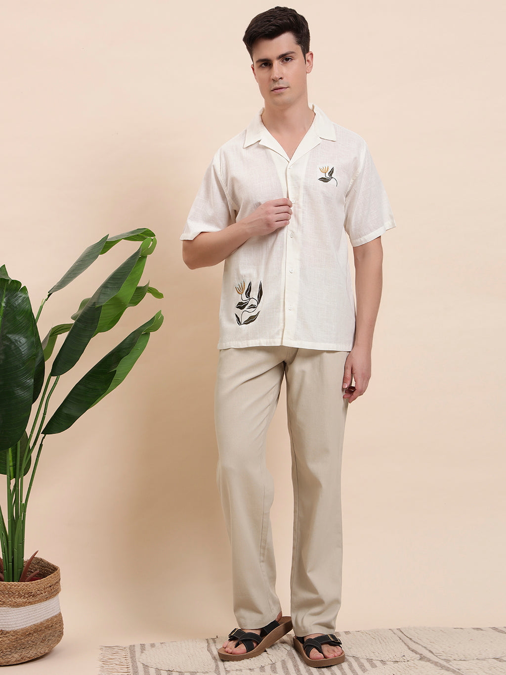 Off-White Cuban Collar Cotton Short Sleeve Shirt for Men