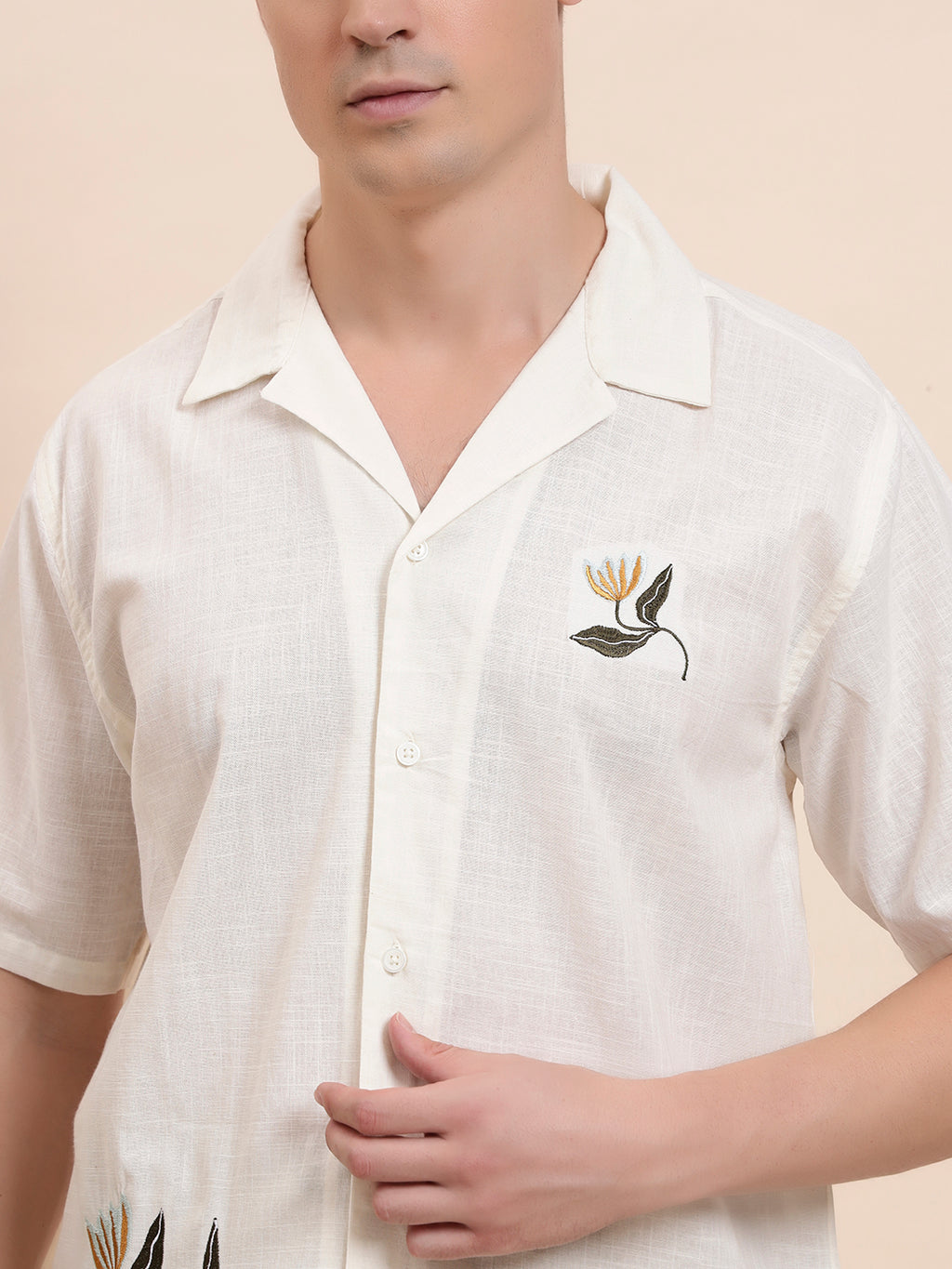 Off-White Cuban Collar Cotton Short Sleeve Shirt for Men