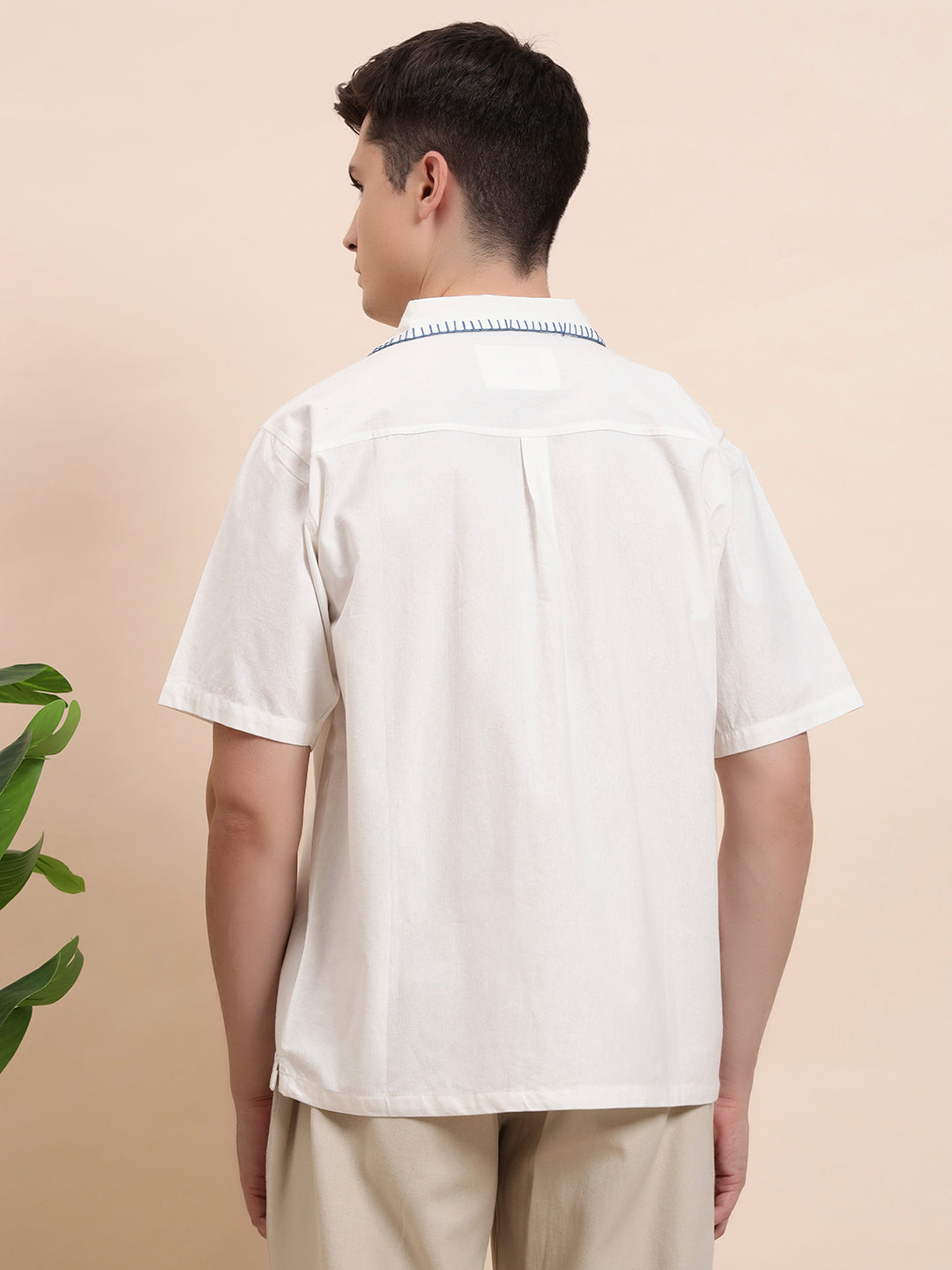 Green Palm Tree Embroidered Cuban Collar Shirt for Men
