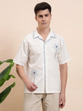 Blue Palm Tree Embroidered Cuban Shirt for Men