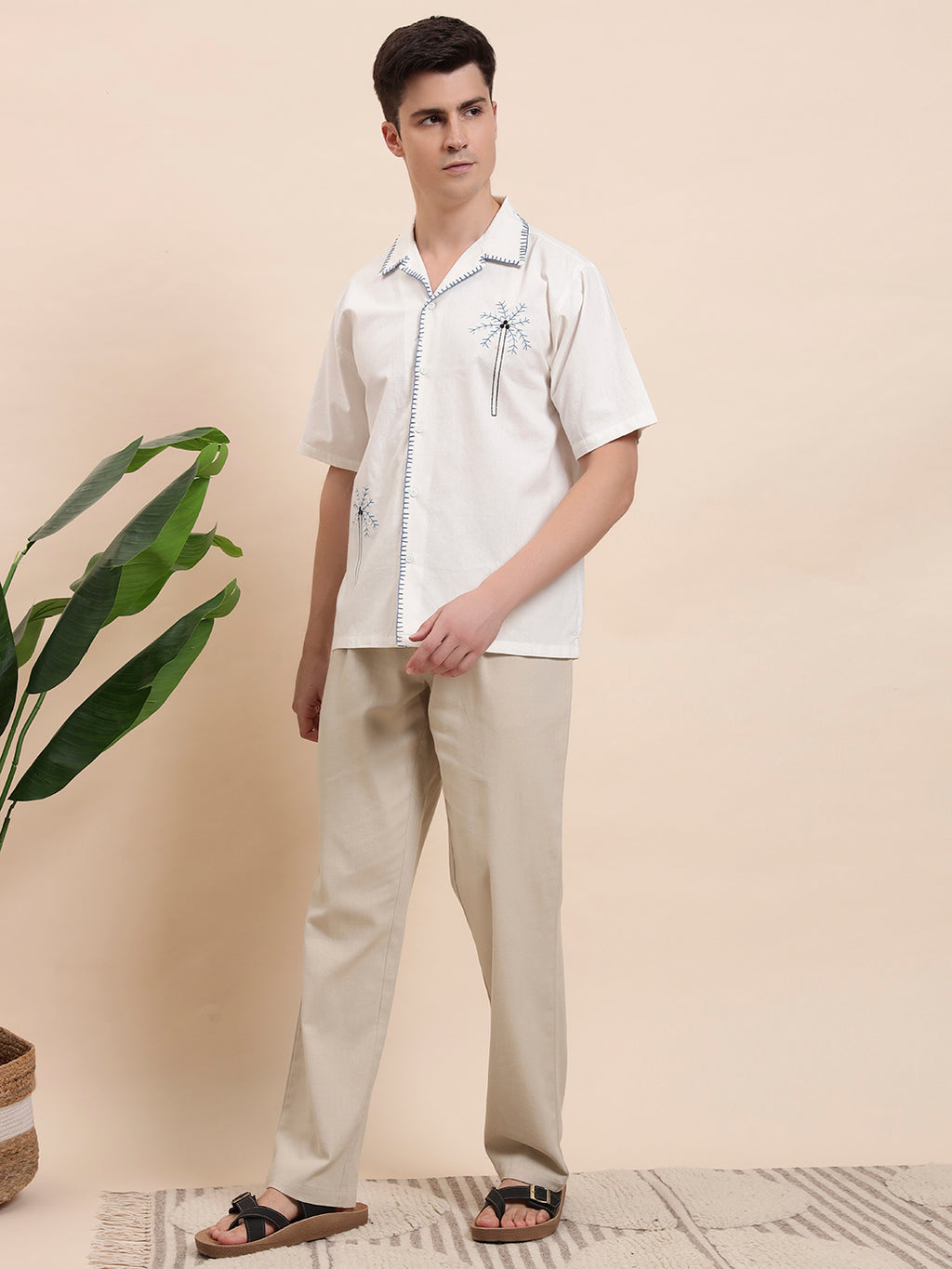 Blue Palm Tree Embroidered Cuban Shirt for Men