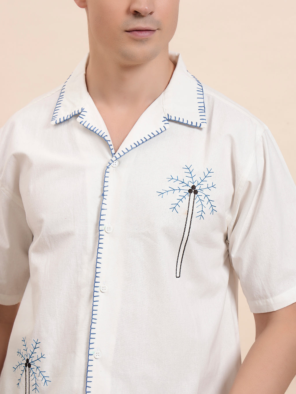 Blue Palm Tree Embroidered Cuban Shirt for Men