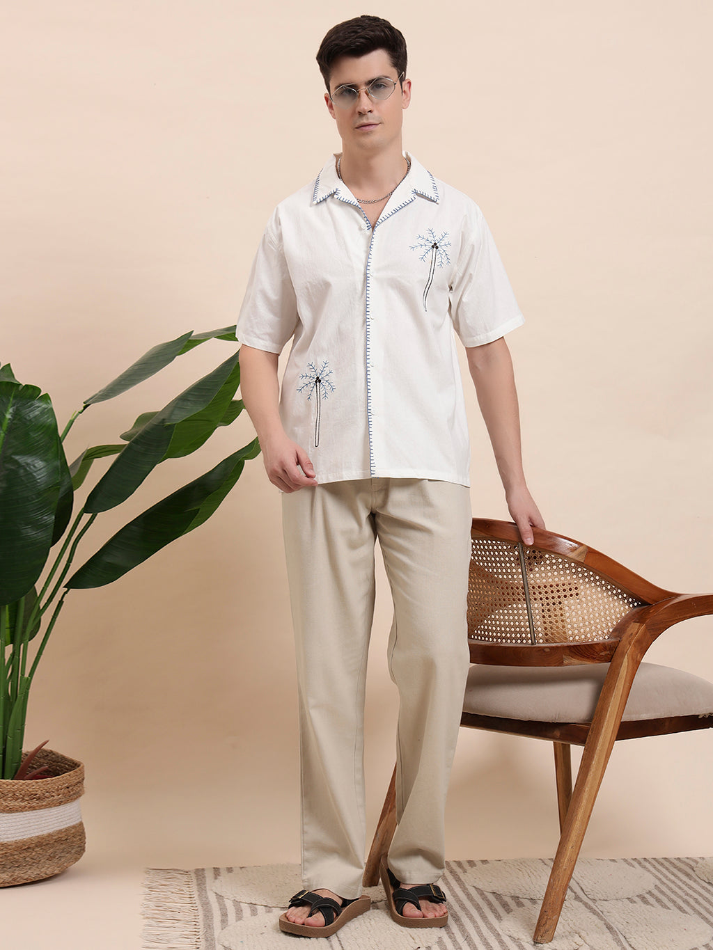 Blue Palm Tree Embroidered Cuban Shirt for Men