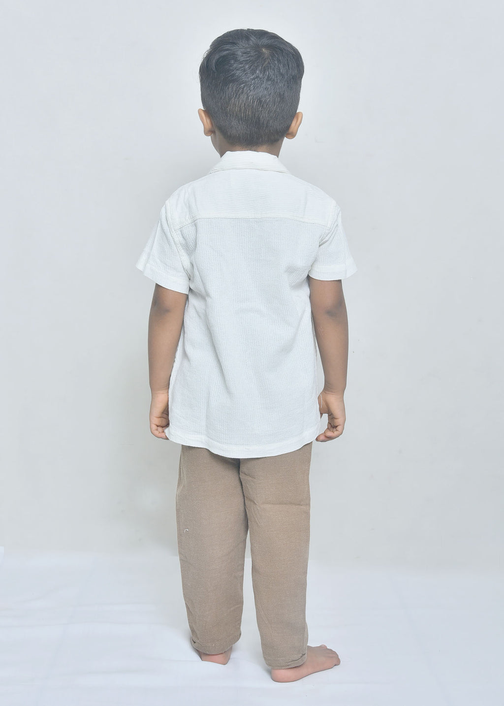 Kids Off-White Textured Shirt with Golden Bird Embroidery