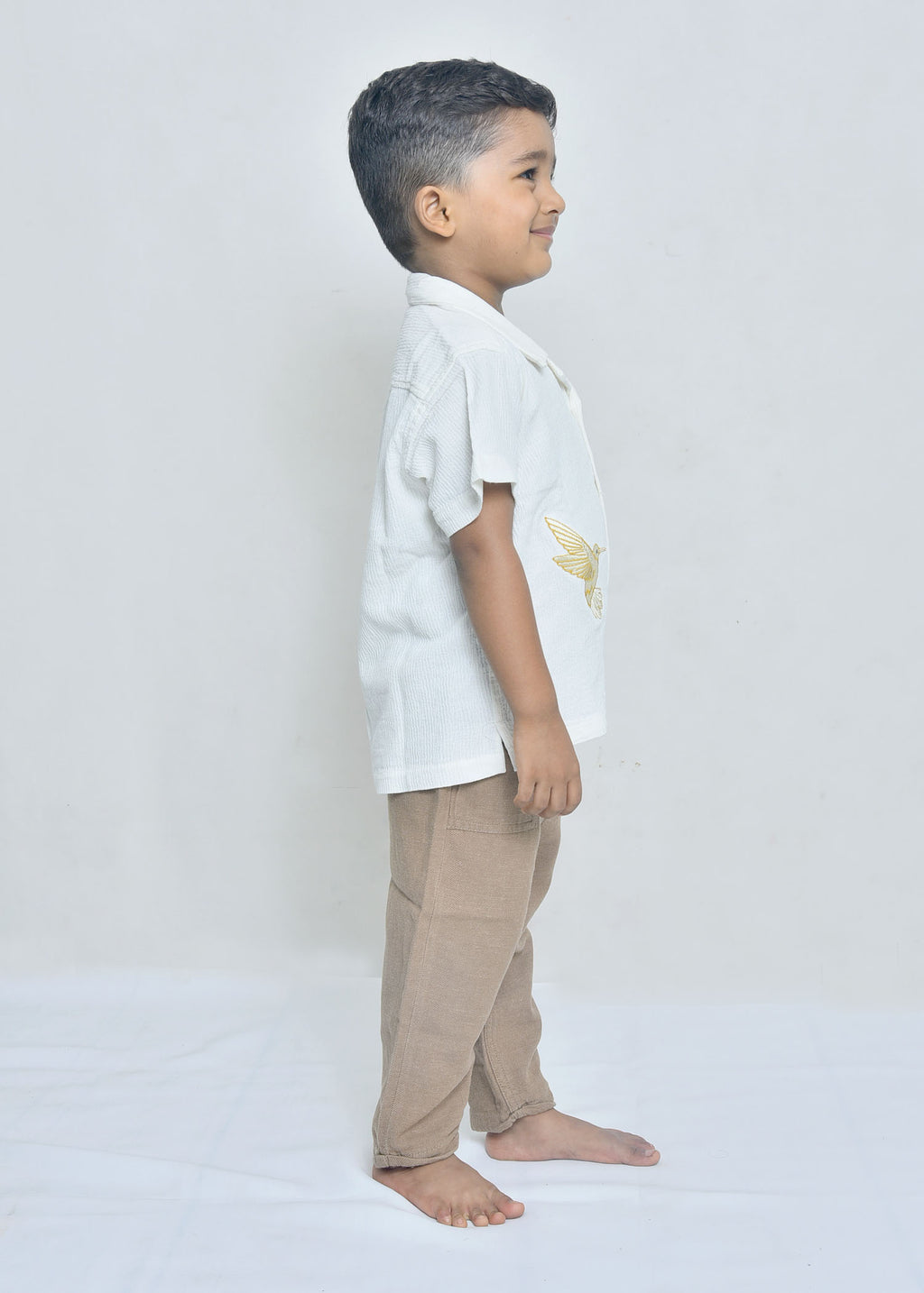 Kids Off-White Textured Shirt with Golden Bird Embroidery