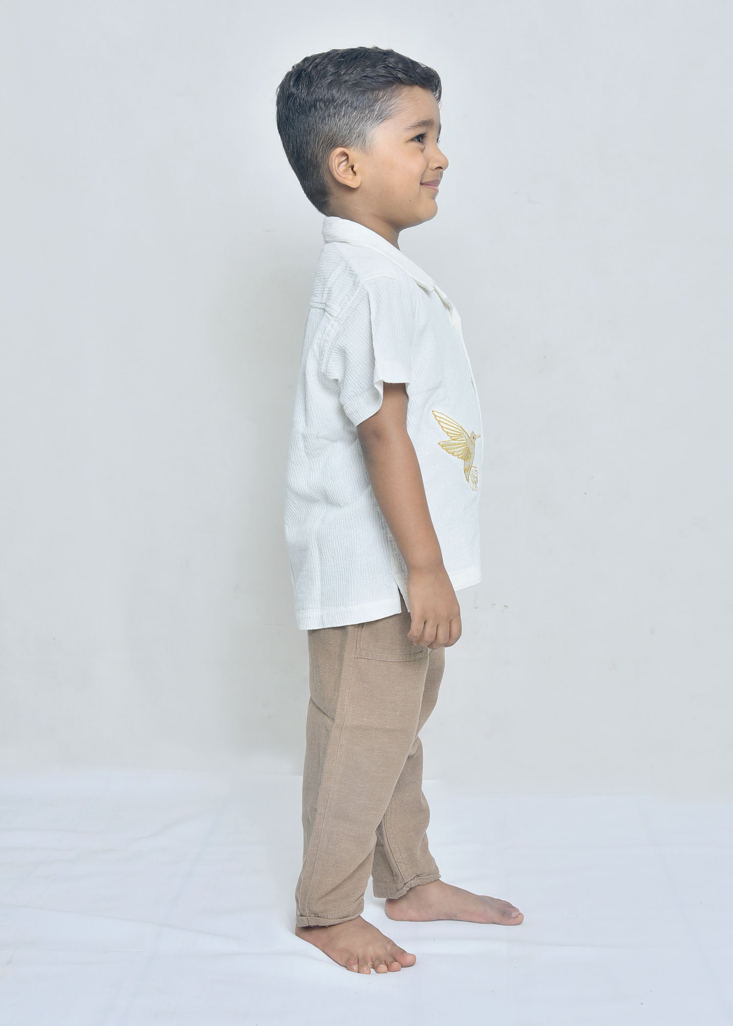 Kids Off-White Textured Shirt with Golden Bird Embroidery