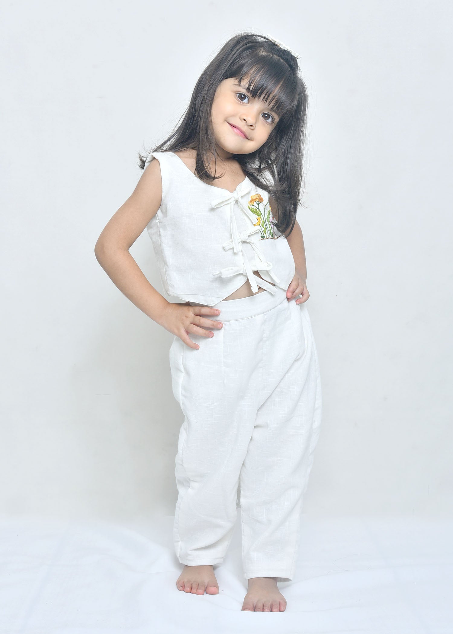Girls' Off-White Tie-Front Top with Trousers Set