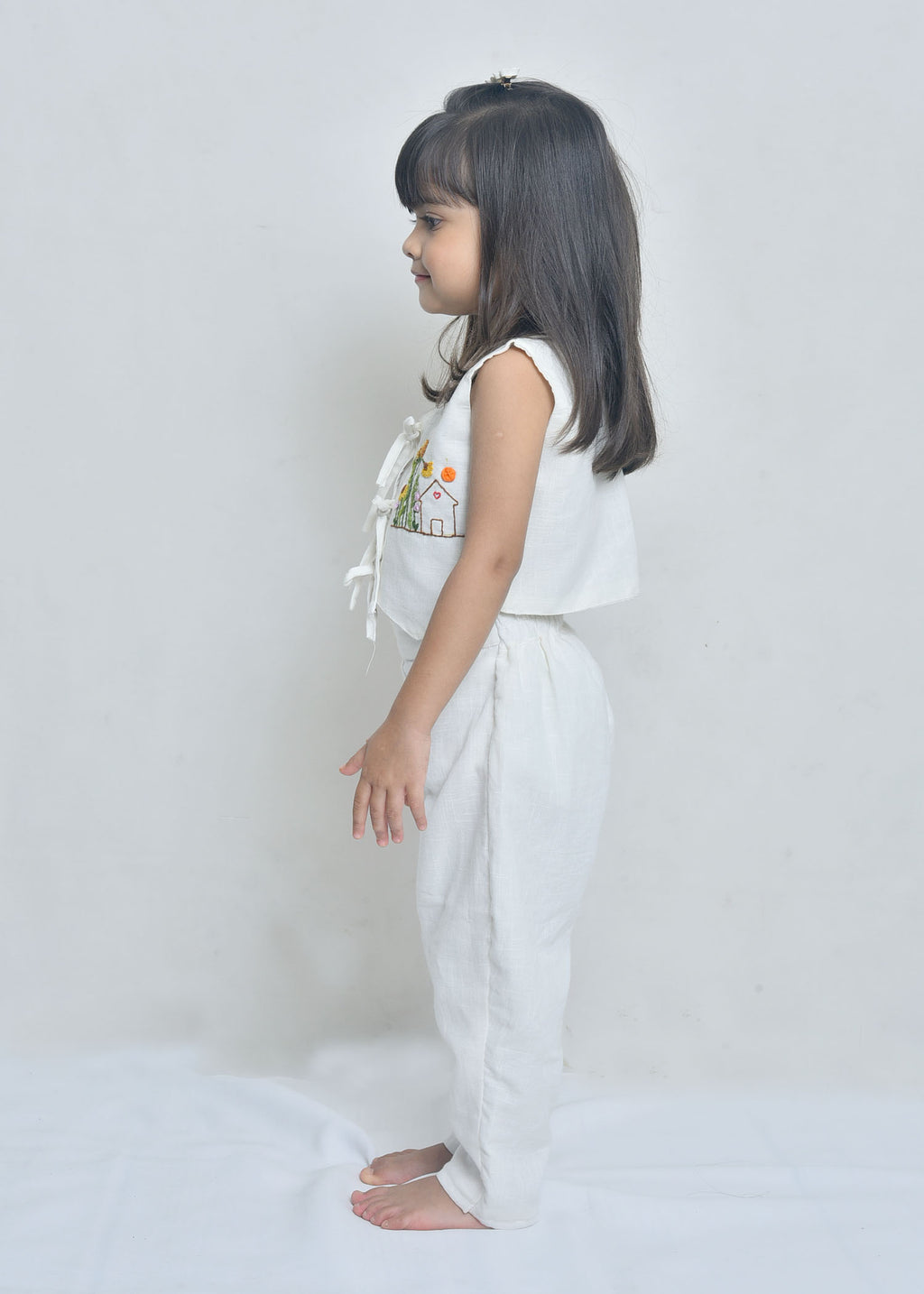 Girls' Off-White Tie-Front Top with Trousers Set