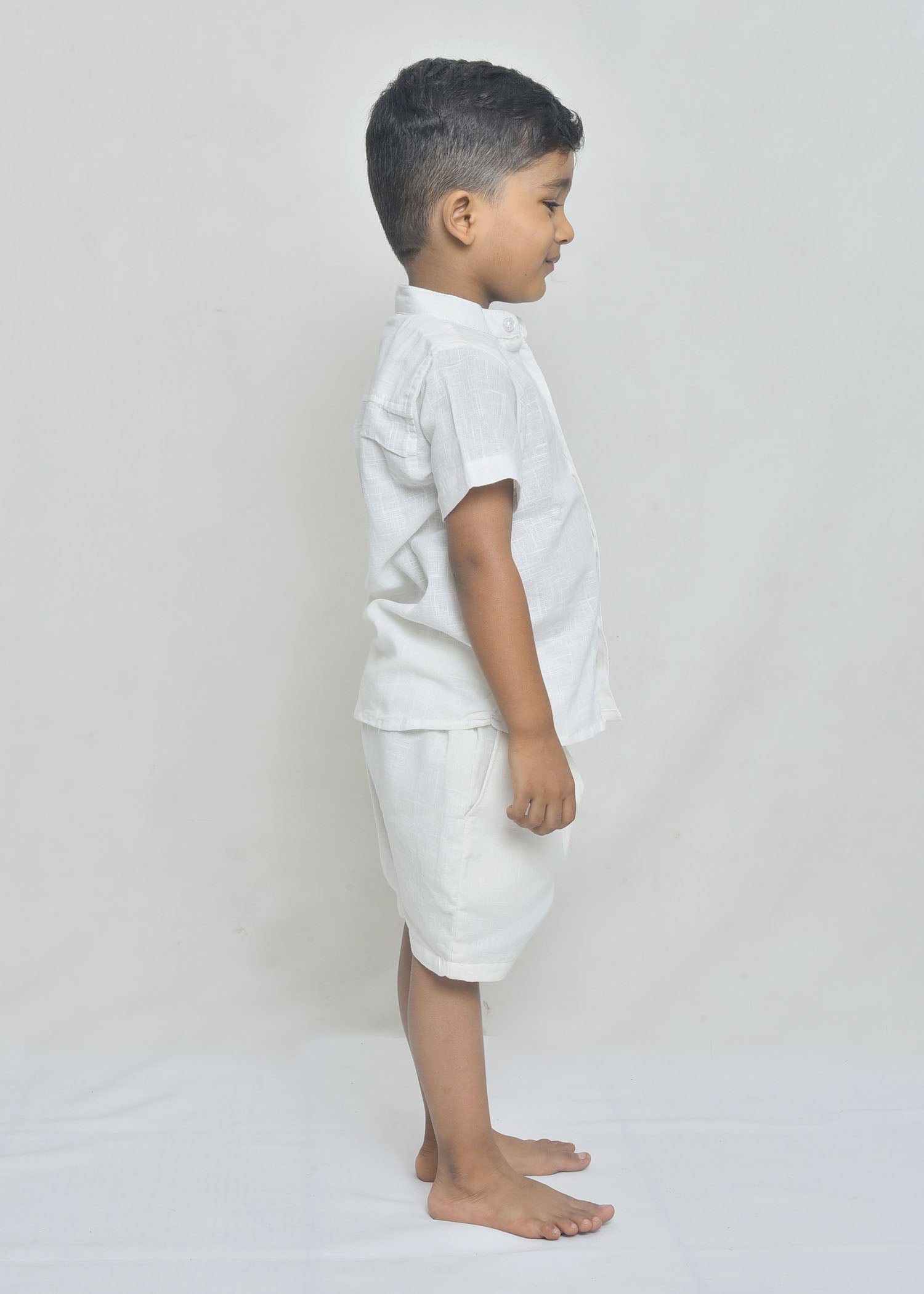 White Mandarin Collar Shirt & Shorts Set for Boys