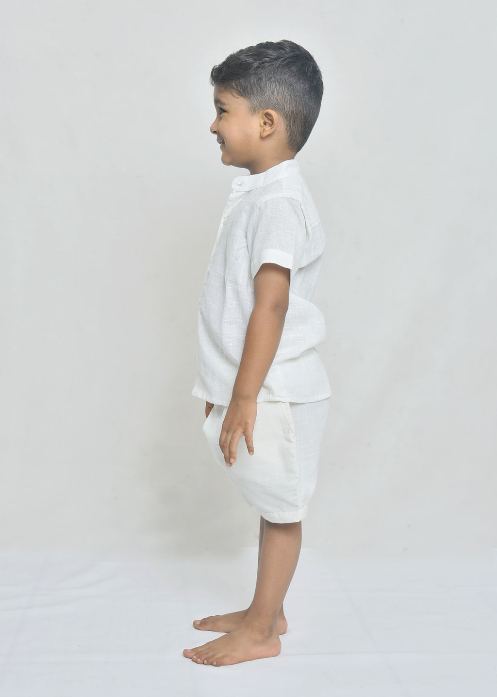 White Mandarin Collar Shirt & Shorts Set for Boys