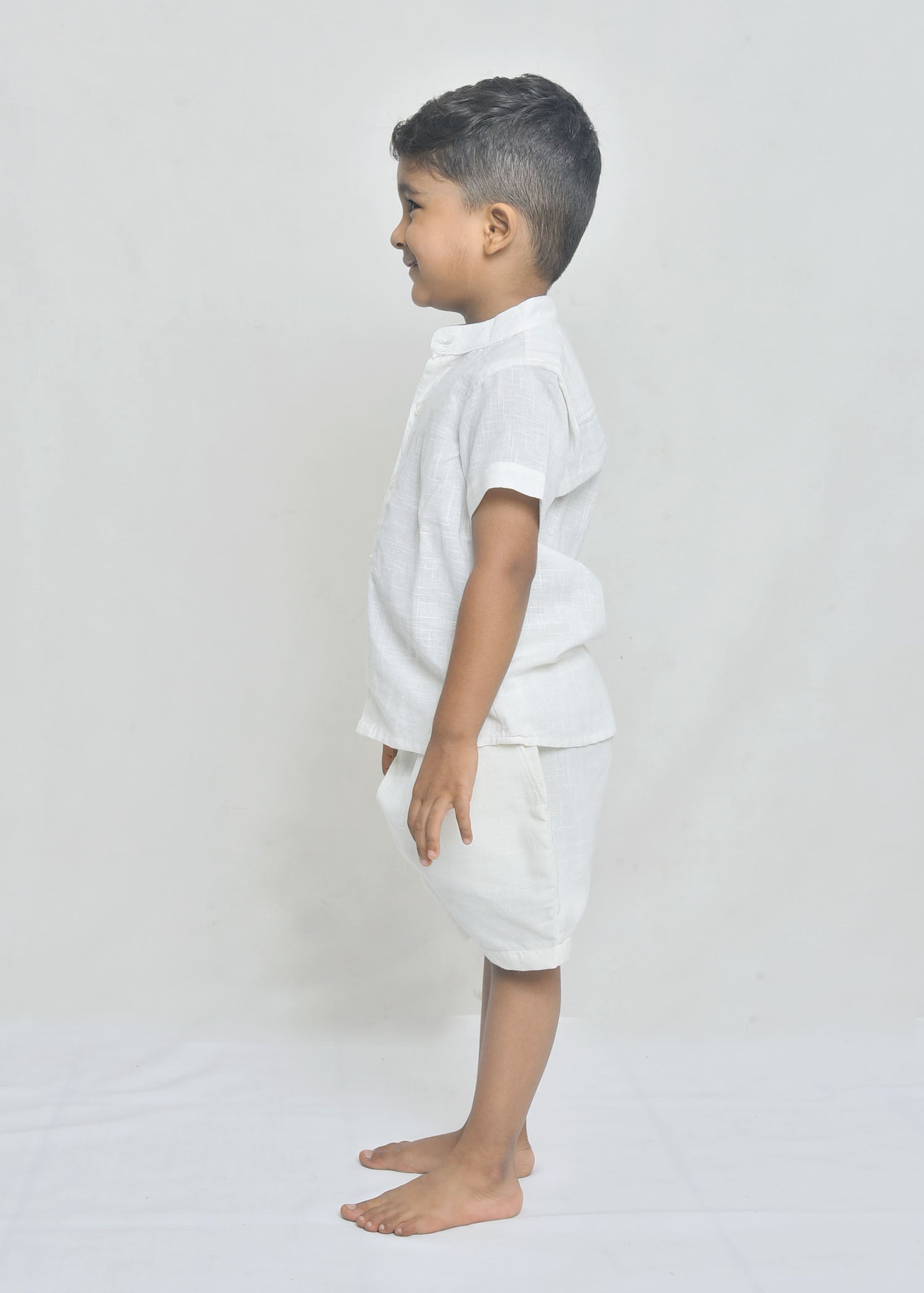 White Mandarin Collar Shirt & Shorts Set for Boys