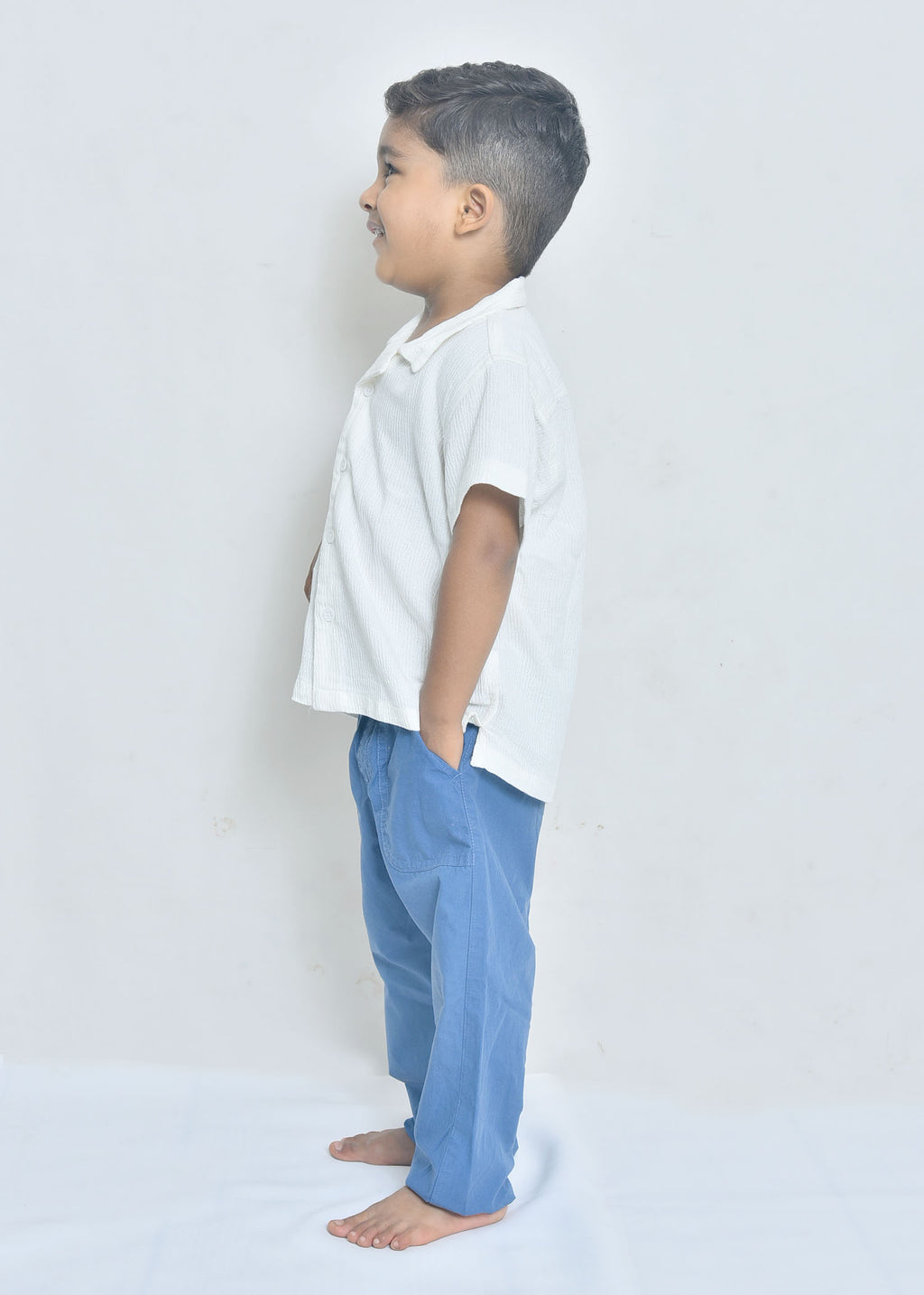 White Cotton Textured Shirt with Turtle Embroidery for Boys