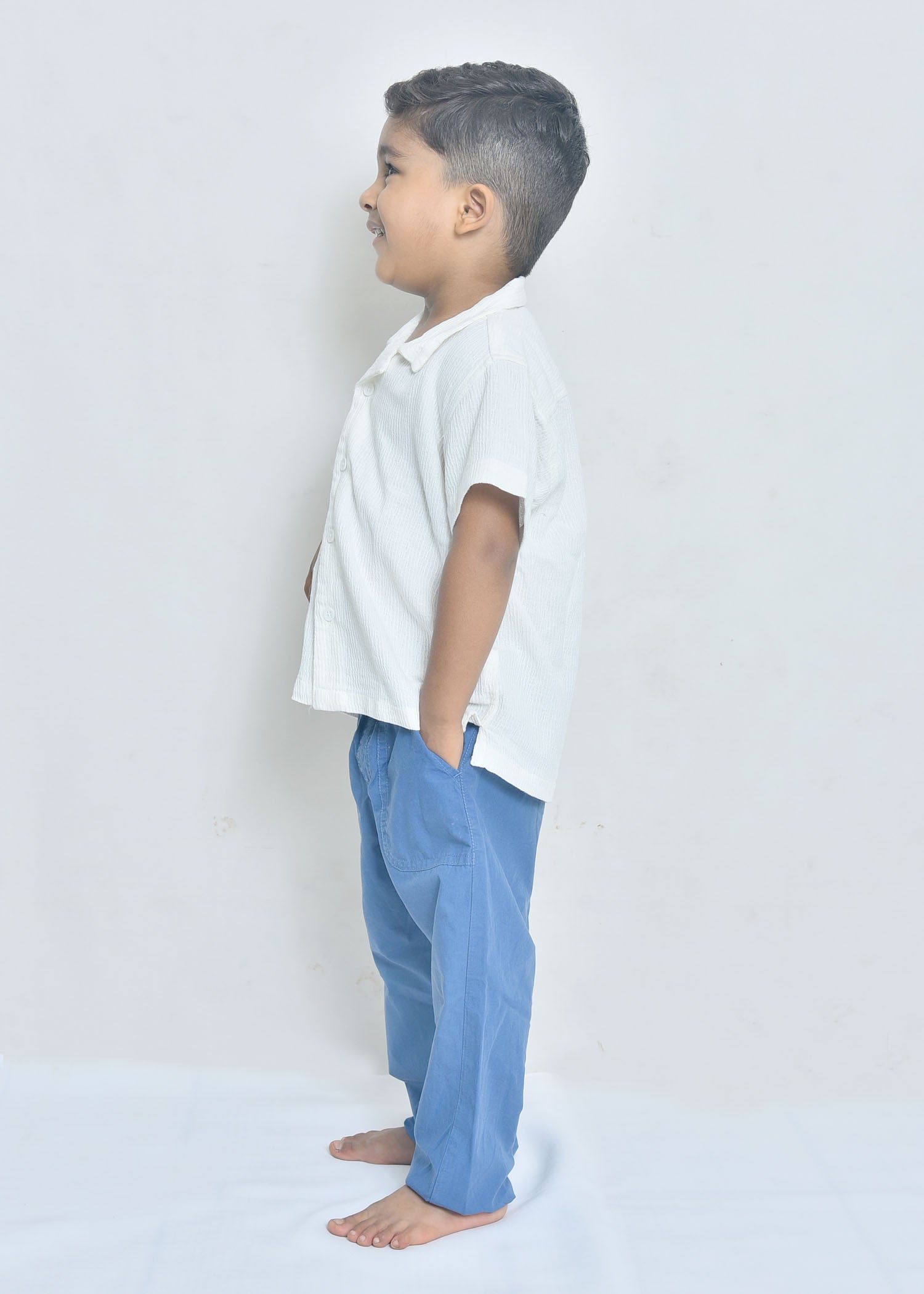 White Cotton Textured Shirt with Turtle Embroidery for Boys