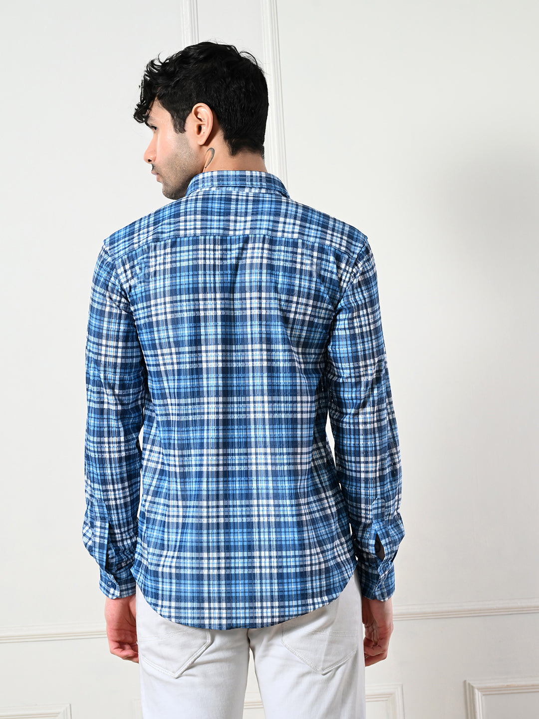 Men's casual blue checkered classic fit shirt.