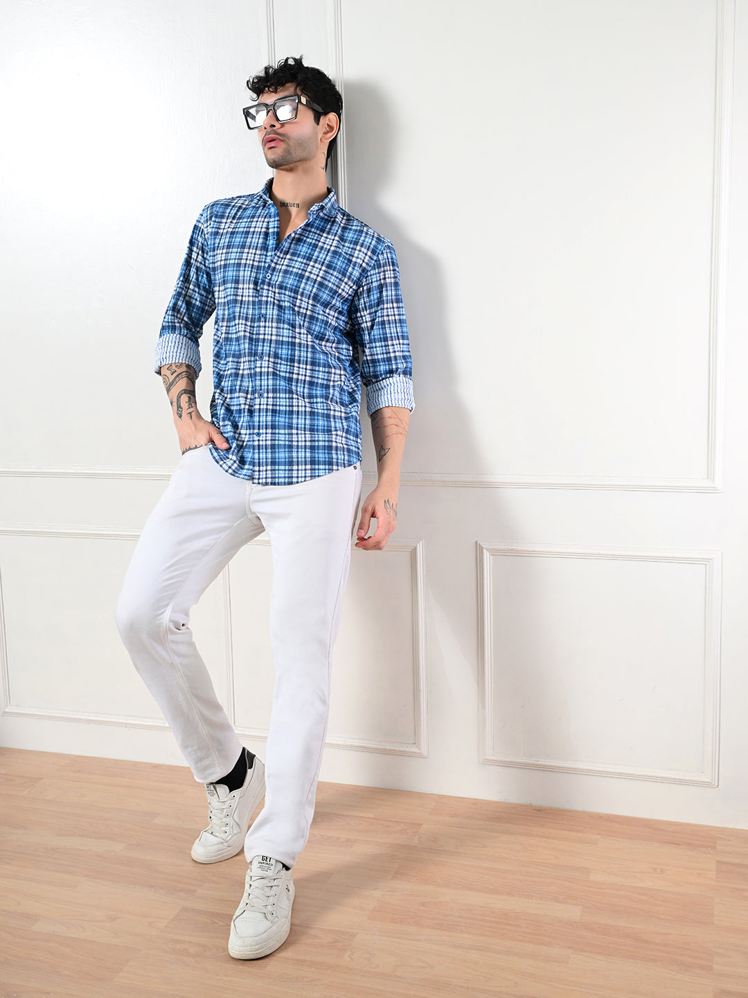 Men's casual blue checkered classic fit shirt.