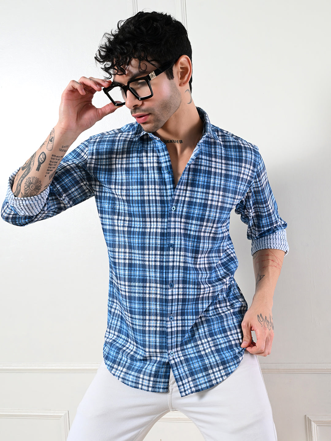 Men's casual blue checkered classic fit shirt.