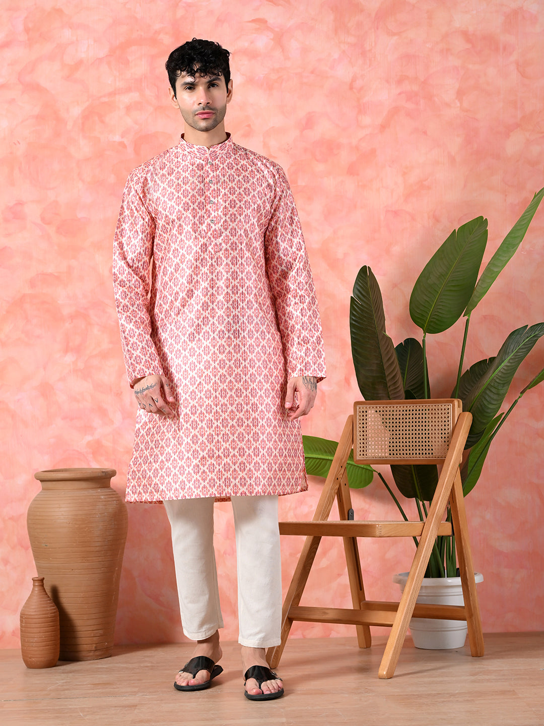 Men's pink, red ethnic print kurta.