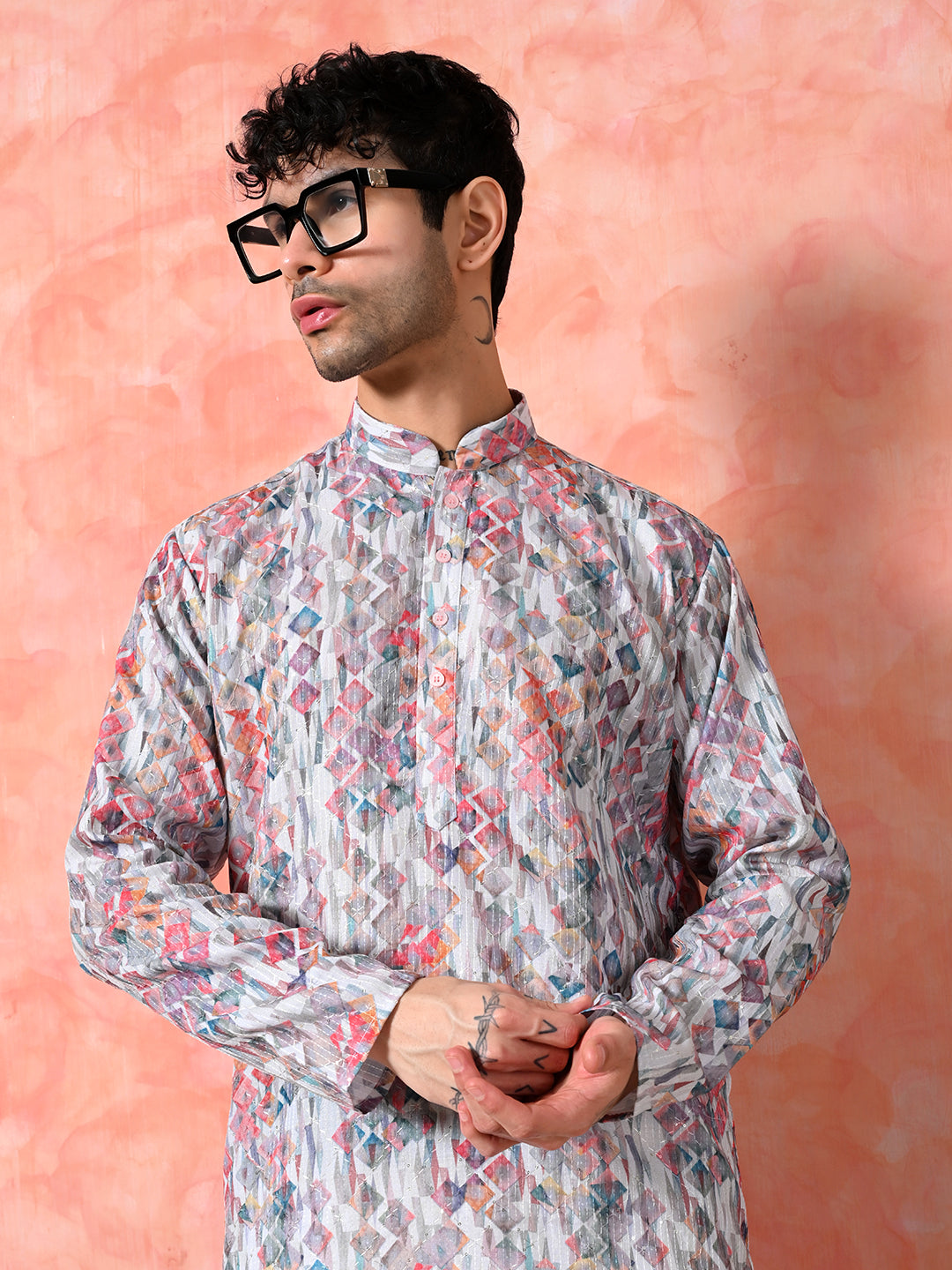 Men's multicolor geometric abstract print kurta.